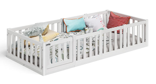 Bellabino Tapi Bett 90x200 cm, Kinderbett mit Rausfallschutz und Tür, inklusive Lattenrost, Montessori Bodenbett für Jungen und Mädchen aus Kiefer Massivholz, weiß lackiert, Bed
