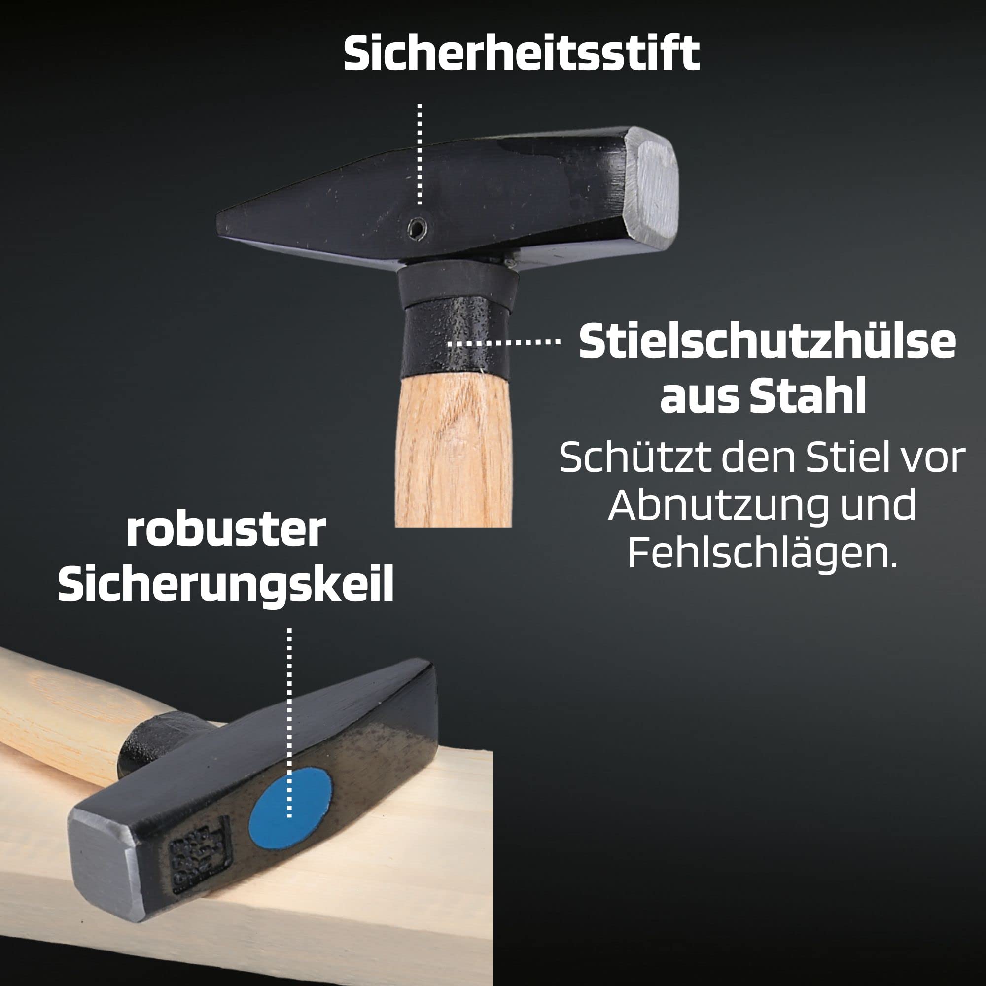 SW-Stahl 50930L Schlosshammer-Set mit Stielschutz 3-teilig I Werkzeughammer aus Hickoryholz I Hammer mit Kopfgewichten 300g - 500g - 800g I Schlosser Hammer Set Werkstatt