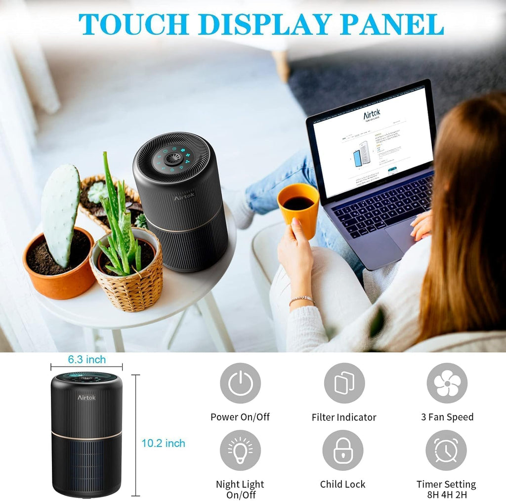AIRTOK Luftreiniger, Luftreiniger Allergiker mit Aromatherapie, HEPA Luftfilter gegen Schimmel Staub Pollen Gerüche, 99,97% Entfernung bis 0,1 Mikrometer, Nachtlicht, Kindersicherung, Timer, 25dB