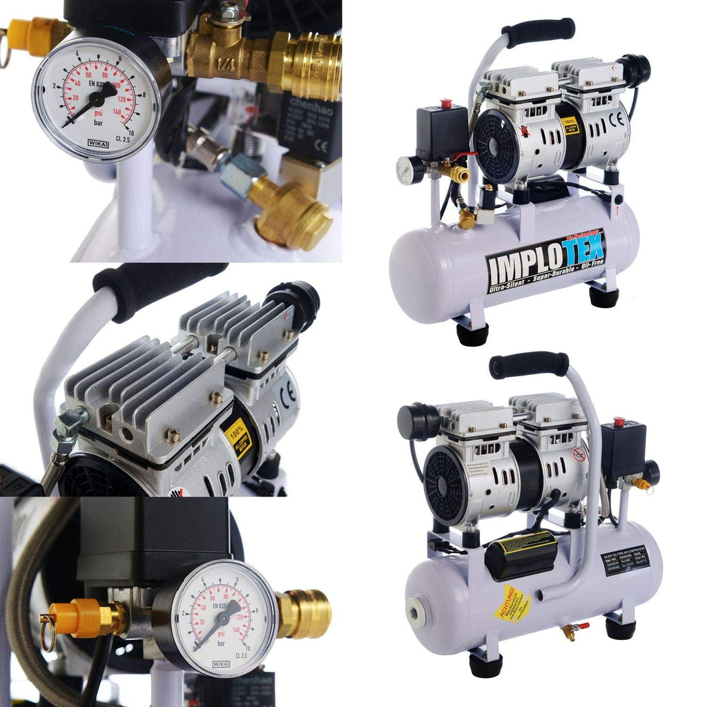 IMPLOTEX 480W Silent Flüsterkompressor Druckluftkompressor nur 48dB leise ölfrei flüster Kompressor Compressor (480W 9 Liter ohne Zubehör)