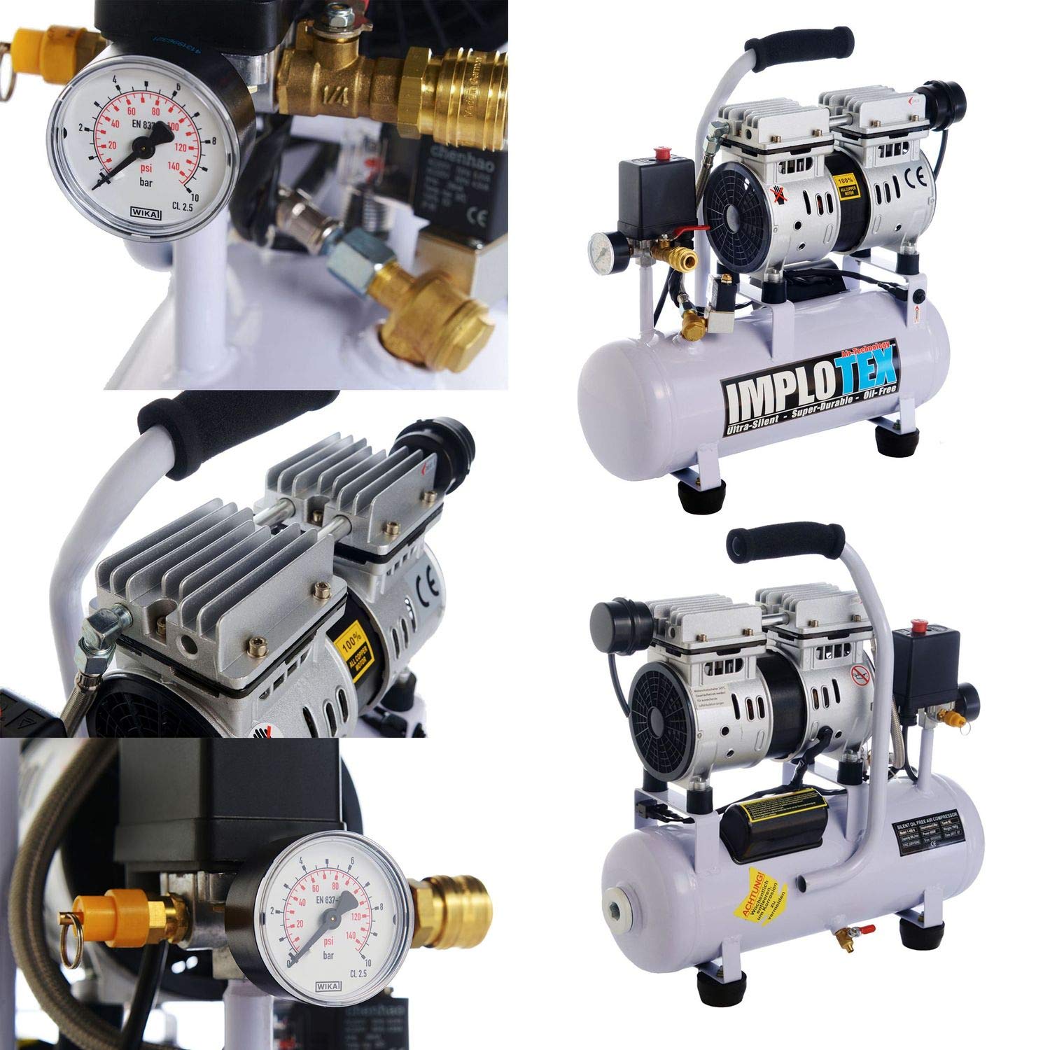 IMPLOTEX 480W Silent Flüsterkompressor Druckluftkompressor nur 48dB leise ölfrei flüster Kompressor Compressor (480W 9 Liter ohne Zubehör)
