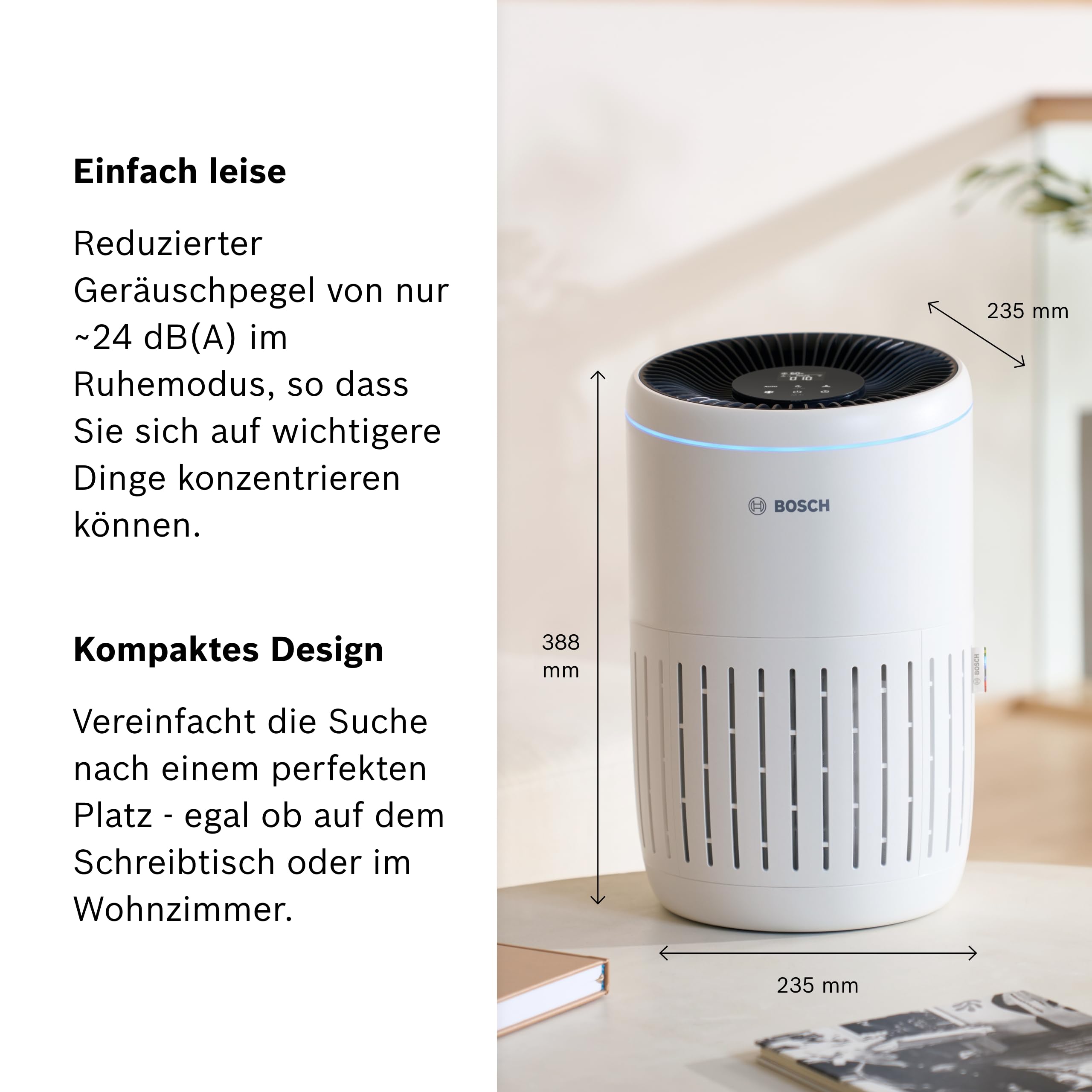 Bosch Air 2000i App-gesteuerter Luftreiniger - Für Räume bis zu 37,5 m² - Entfernt Schadstoffe - Mit 3-in-1 Luftfilter, Smart Sensor, Automatikmodus, Ruhemodus (< 25 dB(A)) - CADR: 180 m³/h