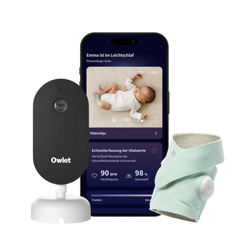 Owlet Dream Duo – Smart Baby Monitor mit Dream Sock® Sensor, präzise Puls- & Sauerstoffmessung, 2K HD Kamera, Schlafanalyse, WLAN & App-Steuerung für sicheres Baby-Monitoring, Mint