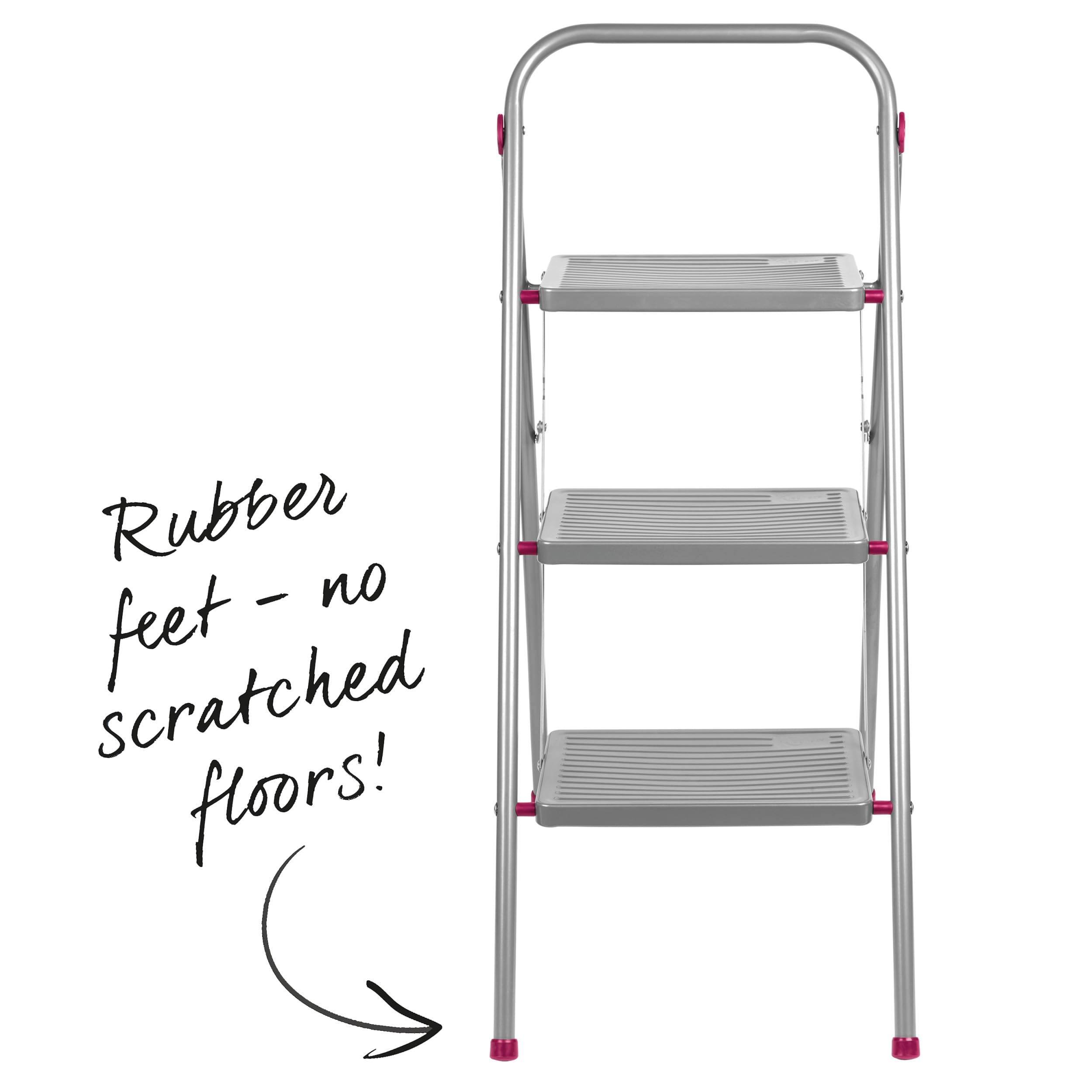 Kleeneze zusammenklappbare 3-stufige Trittleiter, leichte Klappleiter für Heimwerker, sicheres Arbeiten, rutschfeste Trittstufen, robuster Stahl, Sicherheitsclip, 105 cm, rosa/grau, Tragkraft 150 kg
