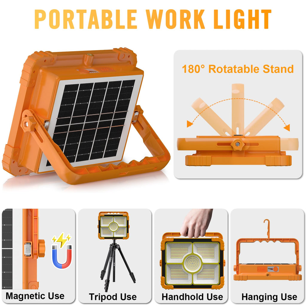 100W Baustrahler Akku Solar Arbeitsleuchte, 466 LED 5 Modi, 10000LM 12000mAh USB-wiederaufladbar, IP66 wasserdicht Akku Arbeitsleuchte Tragbar im Freien für Baustelle, Camping, Garage, Notfälle