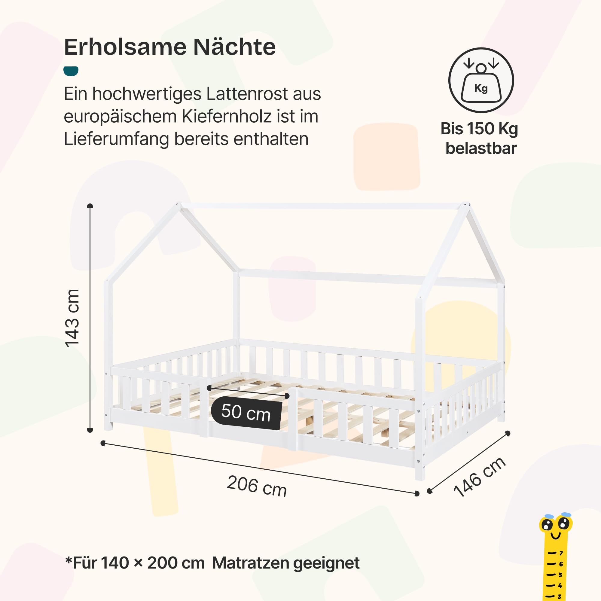 [en.casa] Kinderbett Sisimiut Hausbett Montessori 140 x 200 cm mit Rausfallschutz Holzbett für Kinder Bodenbett Lattenrost Kiefernholz Weiß matt