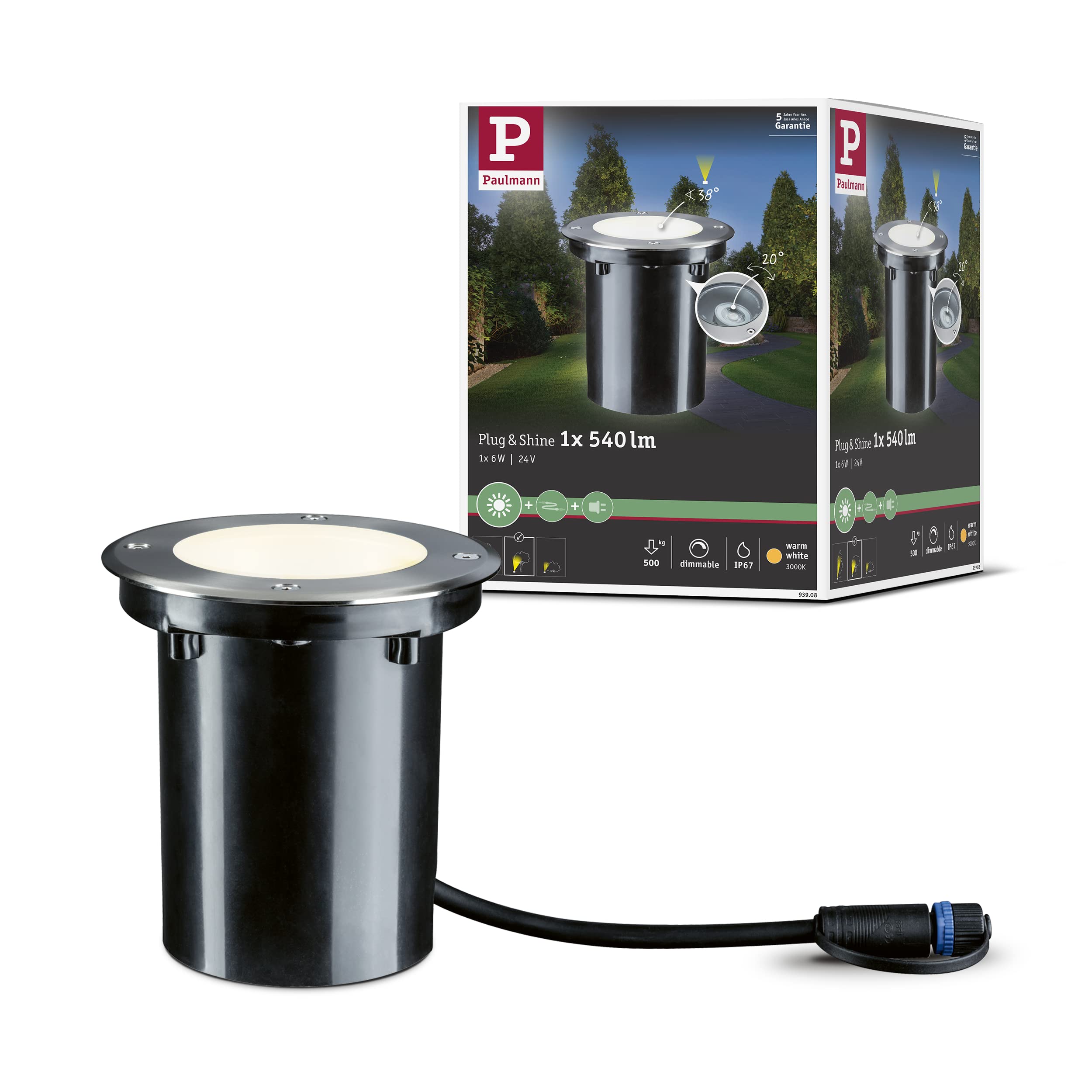 Paulmann Beleuchtungssystem Plug&Shine LED-Außeneinbauleuchte 6 W Warm-Weiß 93908 Silber 38 °