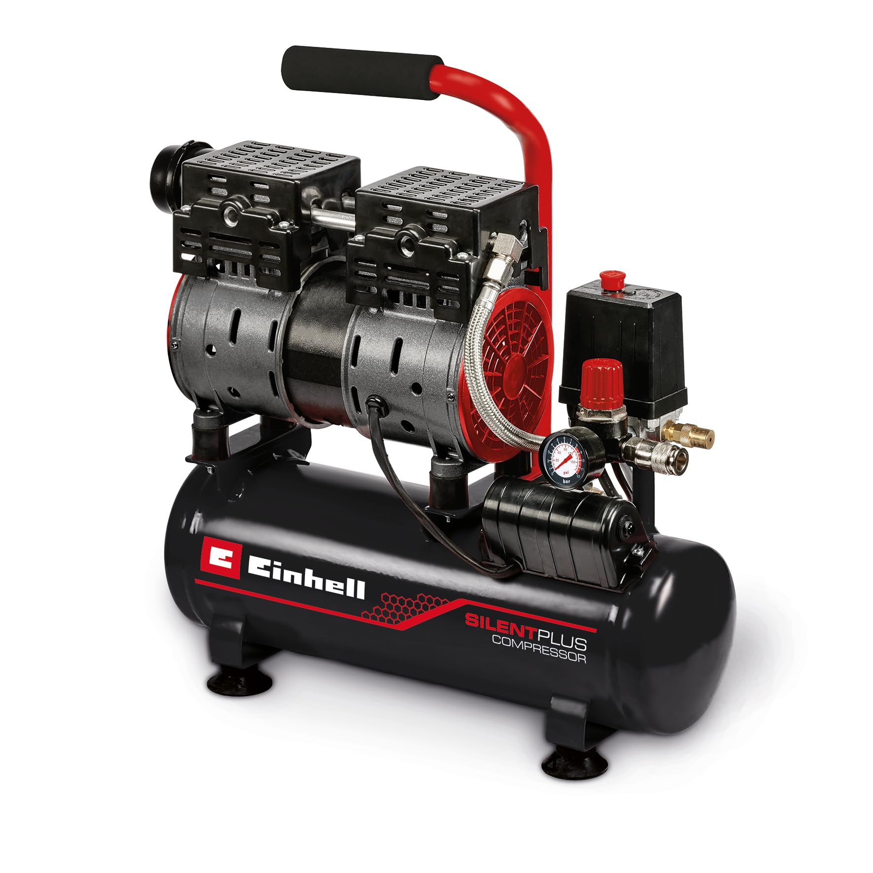 Einhell Kompressor TE-AC 110/6 Silent Plus (550 W., max. 8 bar, 6 l-Tank, 110 l/min Ansaugleistung, Motordrehzahl 1450 min^-1, Manometer, Schnellkupplung, ölfrei)