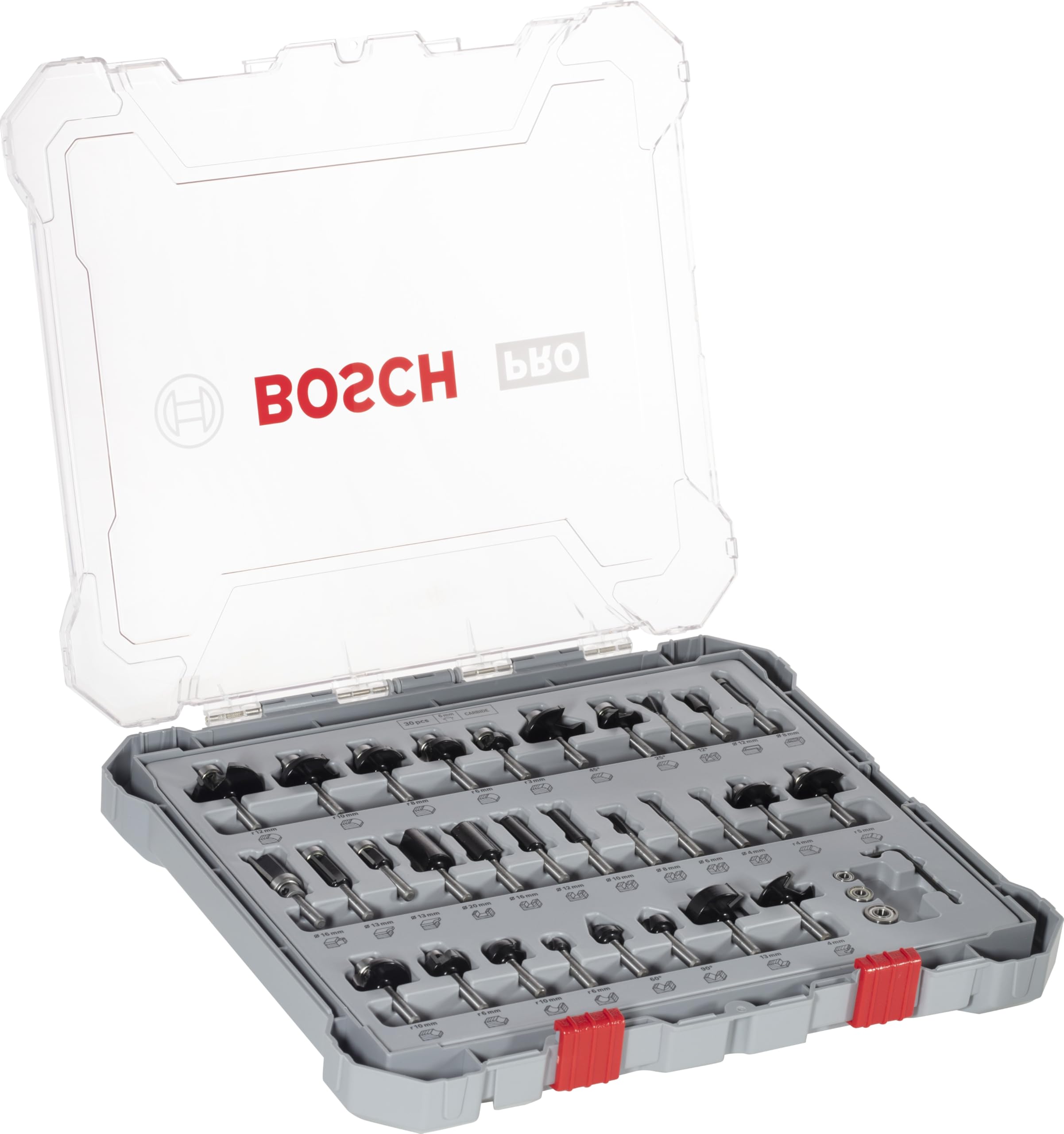 Bosch 30x PRO Fräser-Set gemischt, 30-tlg. (für Weichholz, Hartholz, Ø 4-32 mm, Professional Zubehör Handfräse, Kantenfräse)