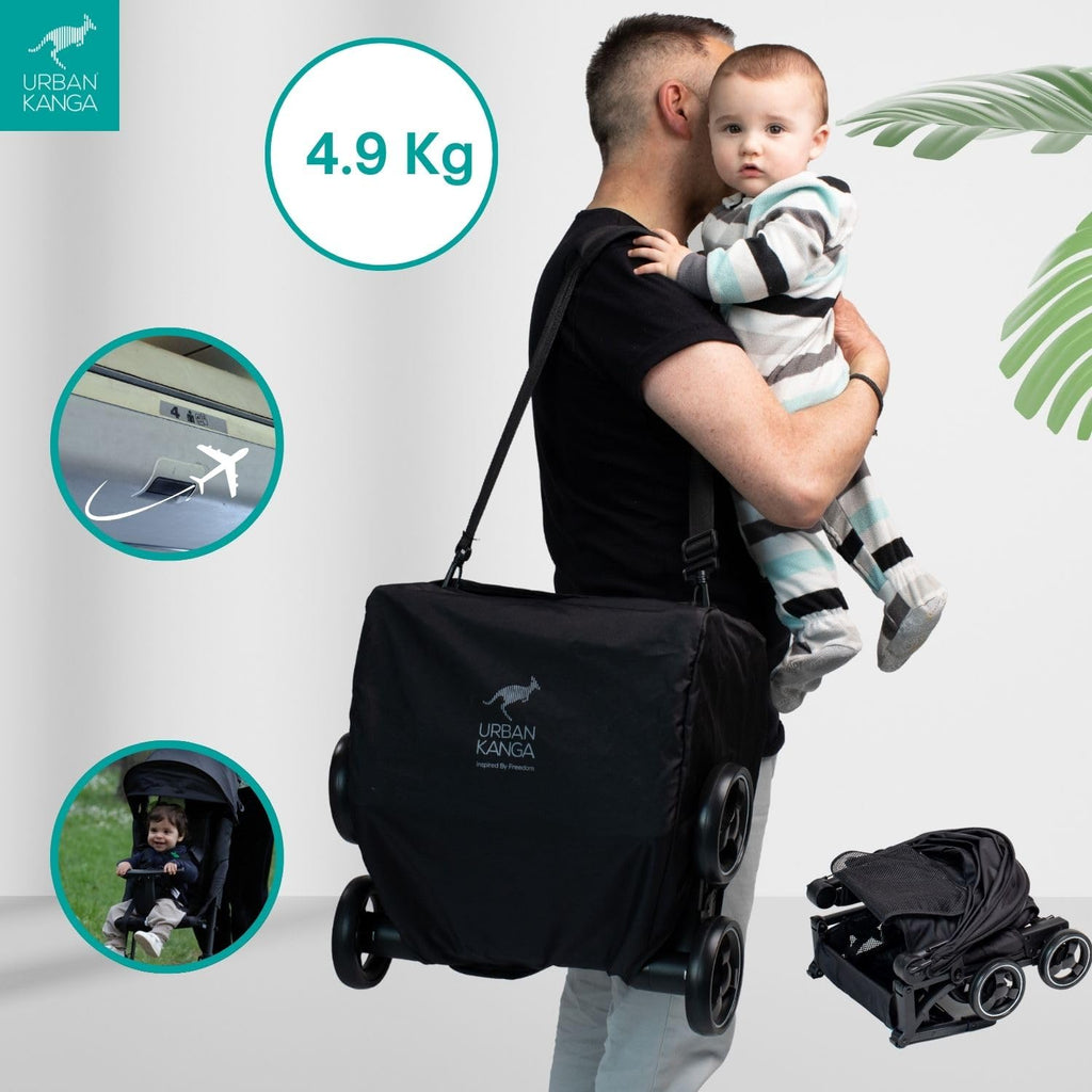 Urban Kanga Bandicoot Reisebuggy fürs Flugzeug-Handgepäck – Ultraleichter, Kompakt Zusammenklappbarer Buggy bis 22 kg mit Schultergurt & Abdeckung (Midnight Black)