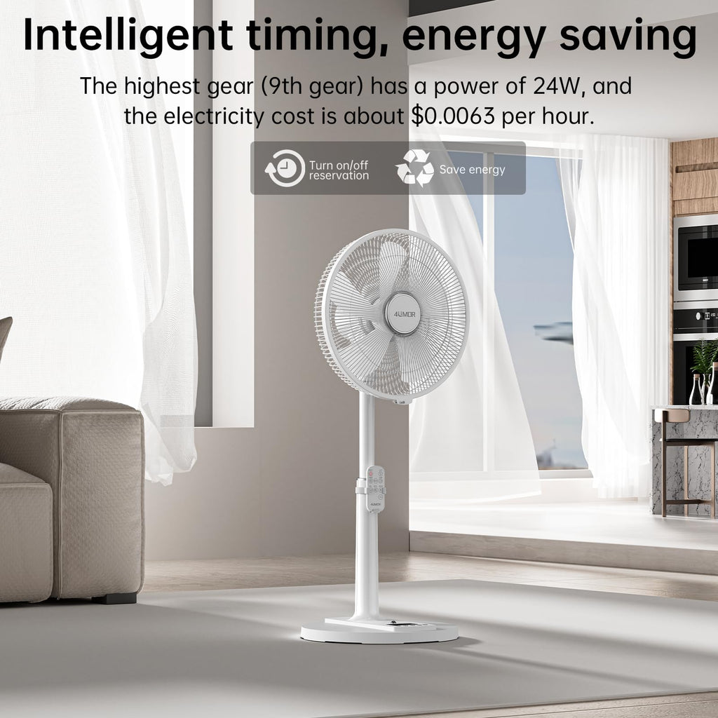4UMOR Standventilator leise 24W 20dB DC Motor 9 Geschwindigkeiten Oszillation90° verstellbar Ventilator mit Fernbedienung 9H Timer 41cm Durchmesser Ventilator leise 80% Energie Sparen