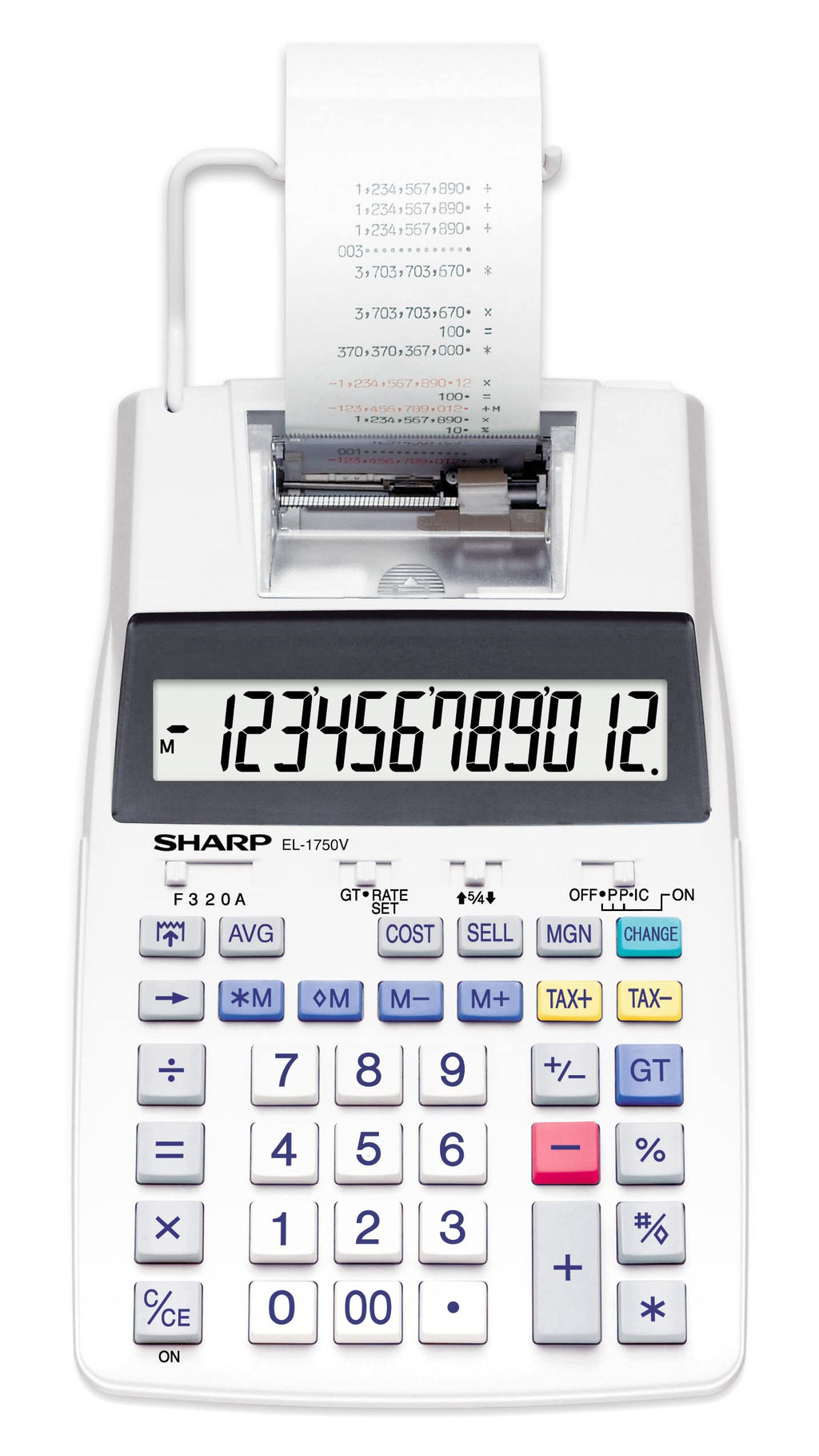 SHARP Druckender Tischrechner EL-1750V (großes 12-stelliges LC Display, schwarz rote Druckfarben) Weiß