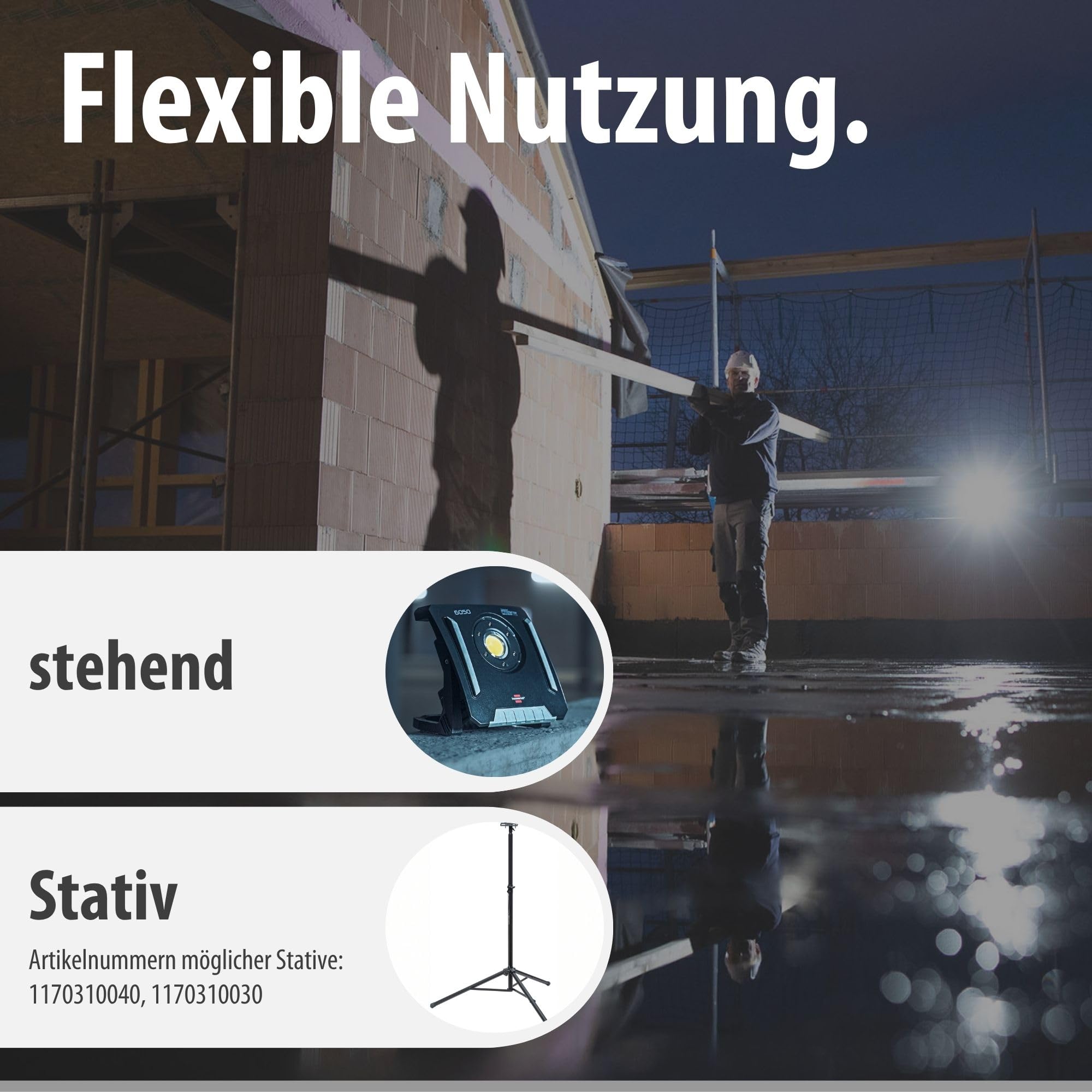 Brennenstuhl Professional Multi Battery LED Hybrid Baustrahler 6050 MH (60W, 6200lm, IP65, LED Baustrahler kompatibel mit 18V Akkus 10 verschiedener Hersteller, 5m, ohne Akku, Engineered in Germany)