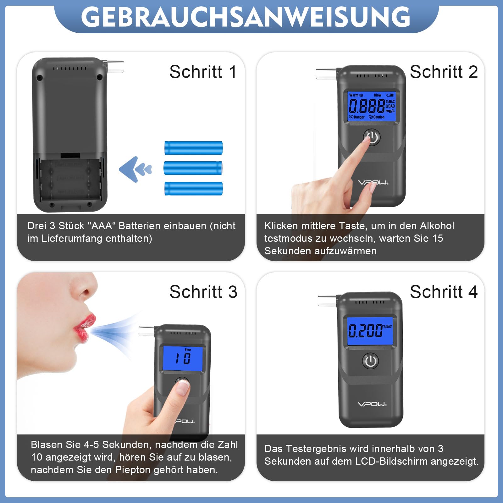VPOW Alkoholtester, Professioneller Alkoholtester mit digitaler Blauer LCD-Anzeige, Atemalkoholtester mit Gradgenauigkeit für den privaten professionellen Gebrauch zu Hause - Grau