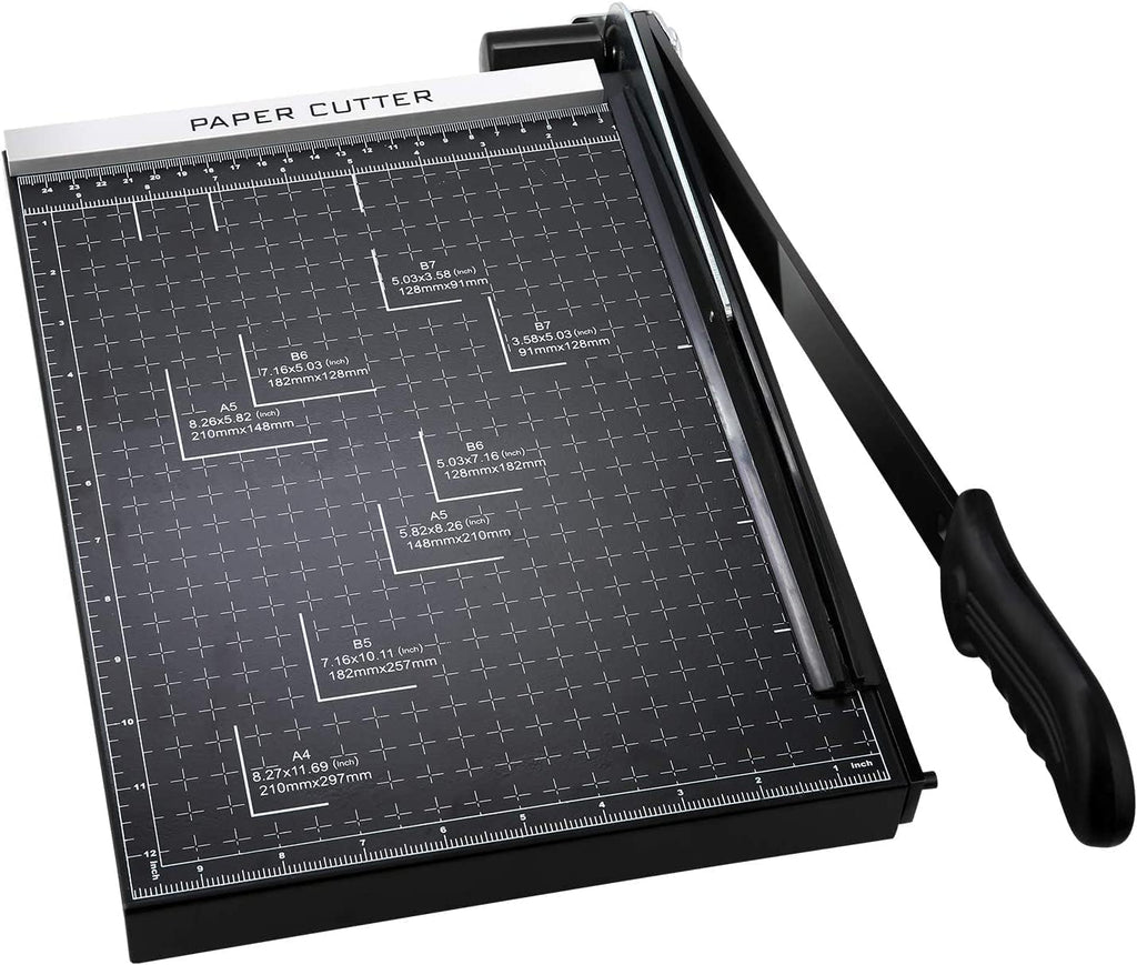 Papierschneider A4-B7,300-485mm Schnittlänge Guillotine Papierschneider für Karton Metallbasis mit Sicherheitsklingenverriegelung und Dual-Führung, 10-12 Blatt Kapazität (Schwarz 300mm)