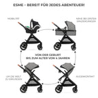 Kinderkraft ESME Kinderwagen 3 in 1 komplettset bis 26 kg, Kombikinderwagen reisesysteme mit Babyschale I-size 40-75 cm, Zusammenklappen, Liegeposition, Grau