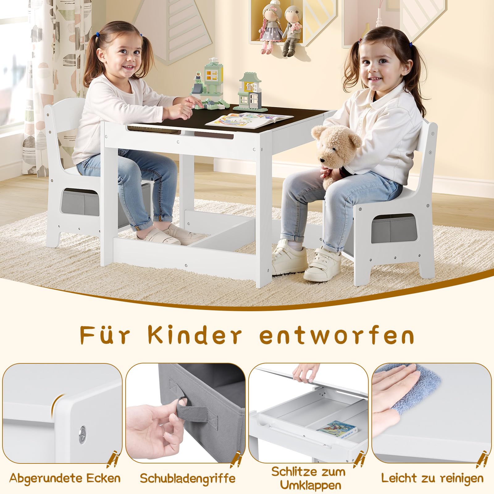 Lestarain 3 TLG. Kindertisch mit 2 Stühlen, Kindersitzgruppe, Kindermöbel Set mit Stauraum, Malttisch für Vorschüler, Tischplatte mit Tafel und Papierrolle, für Kinderzimmer Spielzimmer, Weiß