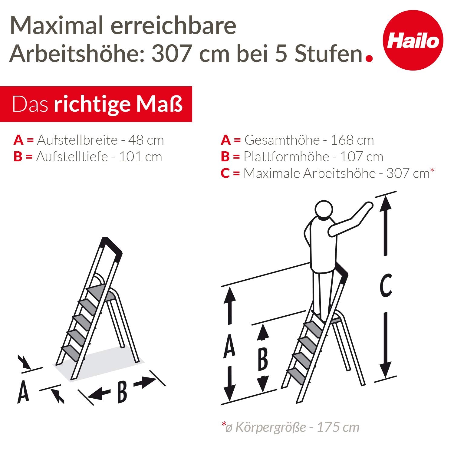 Hailo L80 ComfortLine Alu-Sicherheits-Stehleiter - 5 XXL-Stufen belastbar bis 150 kg - Tiefe Standfläche - Stehleiter mit Ablage - klappbare Aluleiter Made in Germany - Leiter rostfrei - Silber