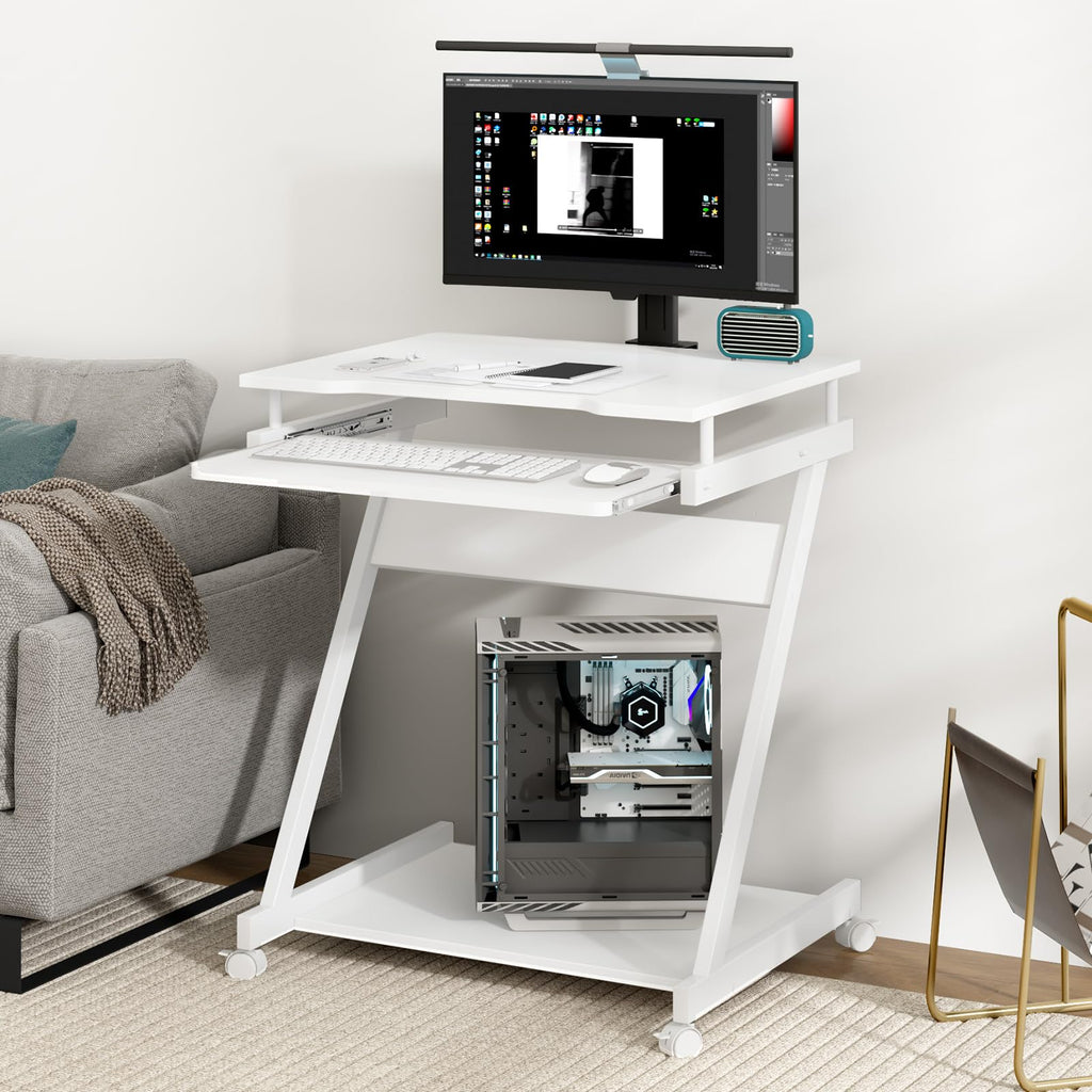 SogesHome Schreibtisch Klein Computertisch mit 4 Rollen 2 Davon mit Bremsen PC-Tisch in Z-Form mit Tastaturauszug für Zuhause und Büro, 60 x 48 cm