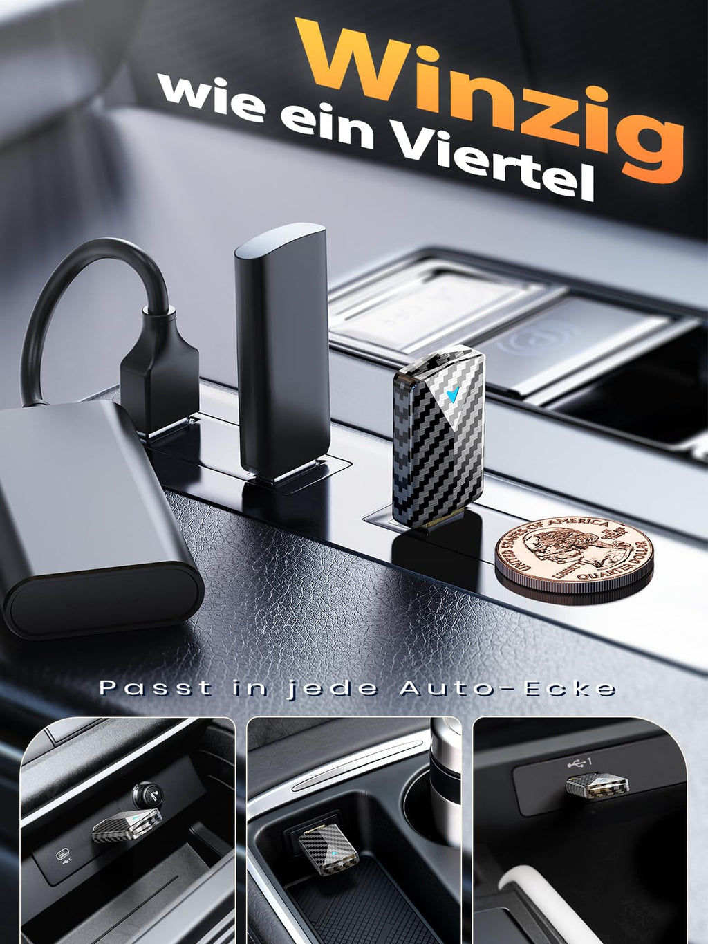 CODONOVA CarPlay Wireless Adapter – 2026 Pro Mini Android Auto Adapter, Plug & Play über USB-A/USB-C-Anschluss, Stabil & Kompakt, Kompatibel mit Autos ab 2016, iOS 10+ & Android 10+ (Kohlefaser)