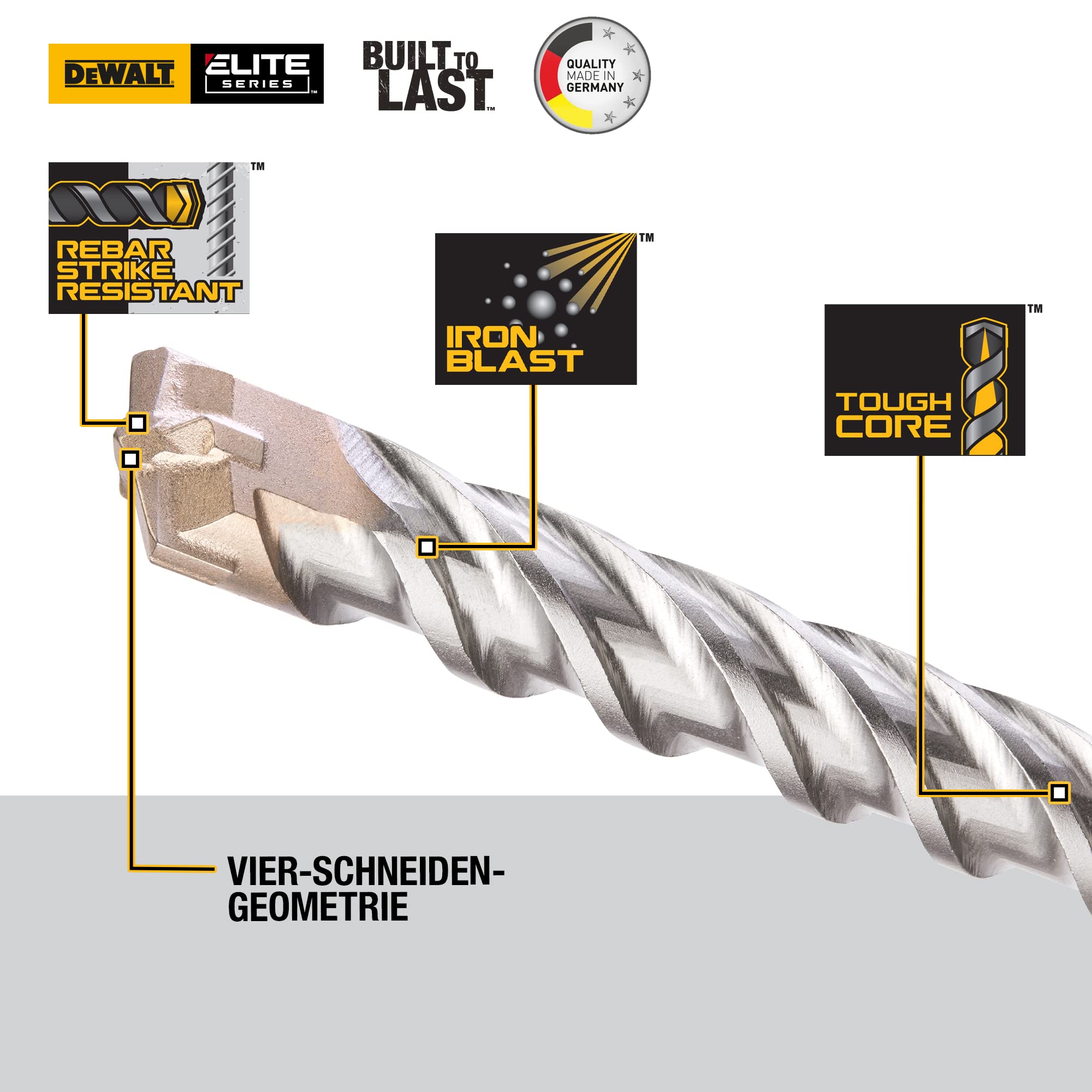 Dewalt SDS-Max Elite Hammerbohrer DT60821 (22x920x800mm, mit Vier-Schneiden-Geometrie, Vollhartmetall-Spitzen & Iron Blast Technologie, für den Einsatz in Beton, Mauerwerk, Natur- & Kunststein)