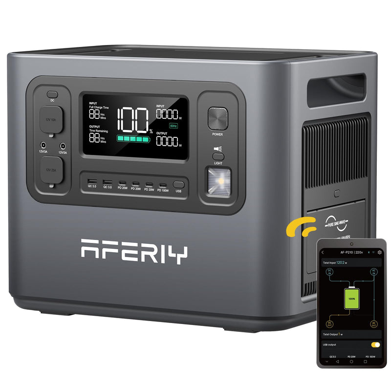 AFERIY 2400W Tragbare Powerstation, 2048Wh LiFePO4 Batterie, 1,7 Stunde Schnellladung, 13 Anschlüsse, Sinuswellen 230V, USV, Mobile Stromversorgung für Outdoors Camping, 7 Jahre Garantie