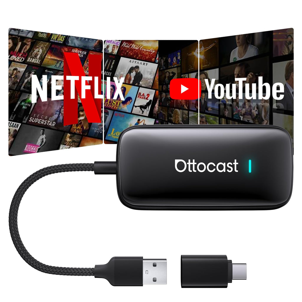 OTTOCAST Play2video Ultra 2026 Upgrade, kabelloser CarPlay & Android Auto Adapter mit YouTube/Netflix/Prime Video, Plug & Play, 4 GB + 32 GB AI Box für Fahrzeuge mit kabelgebundenem CarPlay ab 2016