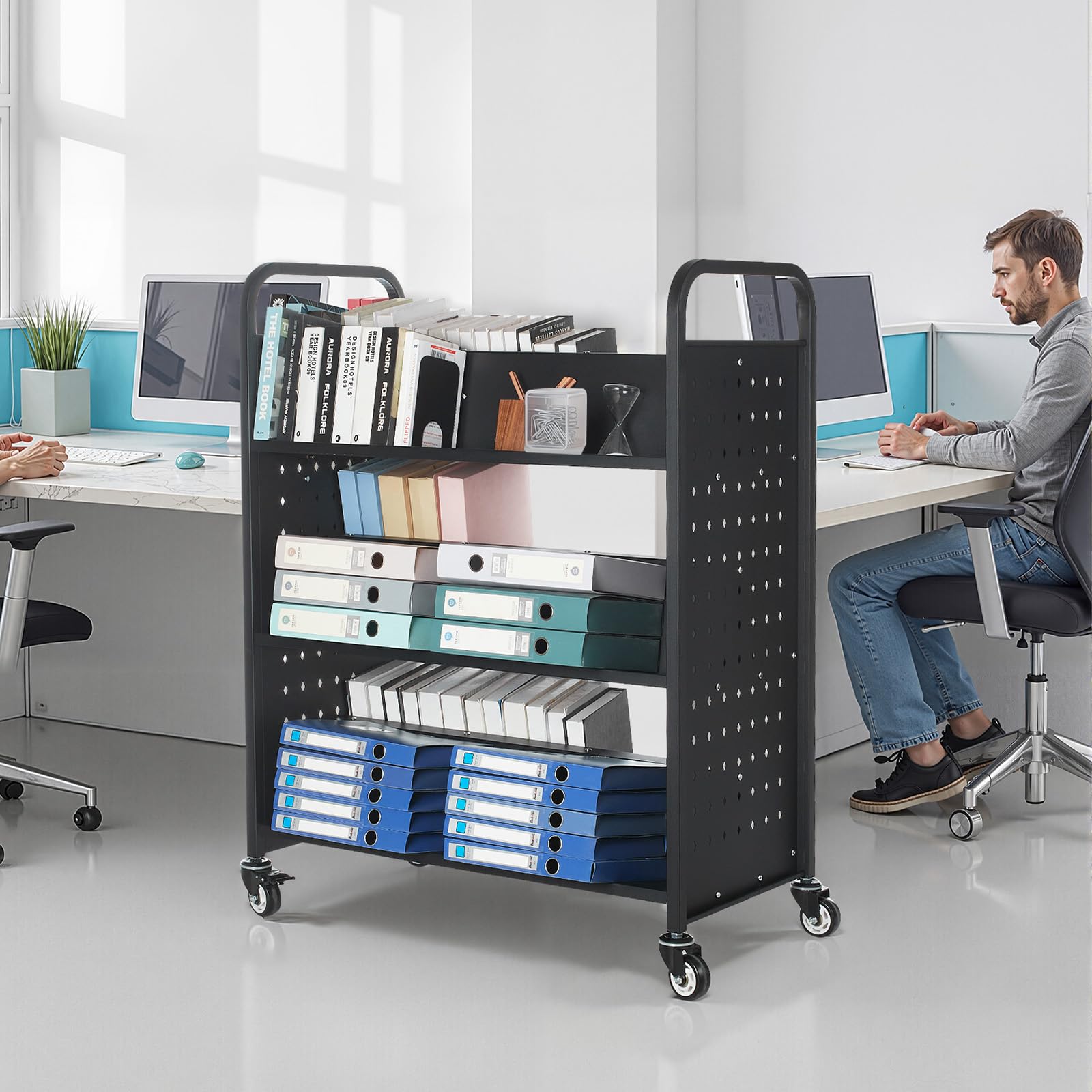VEVOR Bücherwagen, 159 kg Tragkraft, Bibliothekswagen, 970x515x1225 mm, doppelseitiges W-förmiges Bücherregal mit Doppelbremsrollen, Abräumwagen für Wohnzimmer, Büro, Schule, Schwarz
