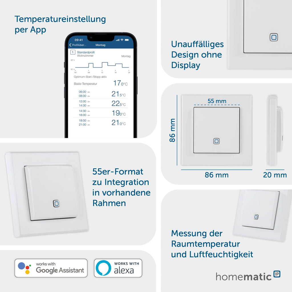 Homematic IP Smart Home Temperatur- und Luftfeuchtigkeitssensor – innen, steuert digital Heizkörper/Fußbodenheizung per App, Alexa, Google Assistant, Temperaturmessung, Energie sparen, 150181A1