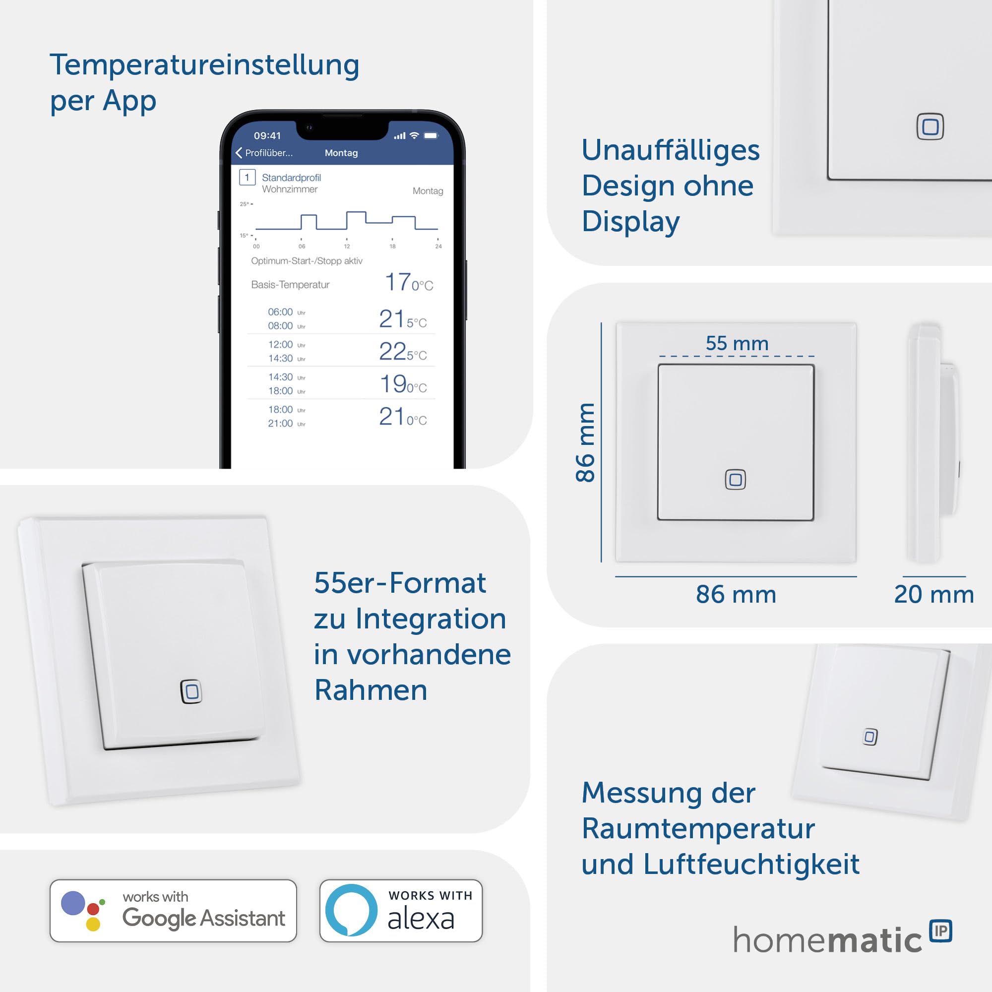 Homematic IP Smart Home Temperatur- und Luftfeuchtigkeitssensor – innen, steuert digital Heizkörper/Fußbodenheizung per App, Alexa, Google Assistant, Temperaturmessung, Energie sparen, 150181A1