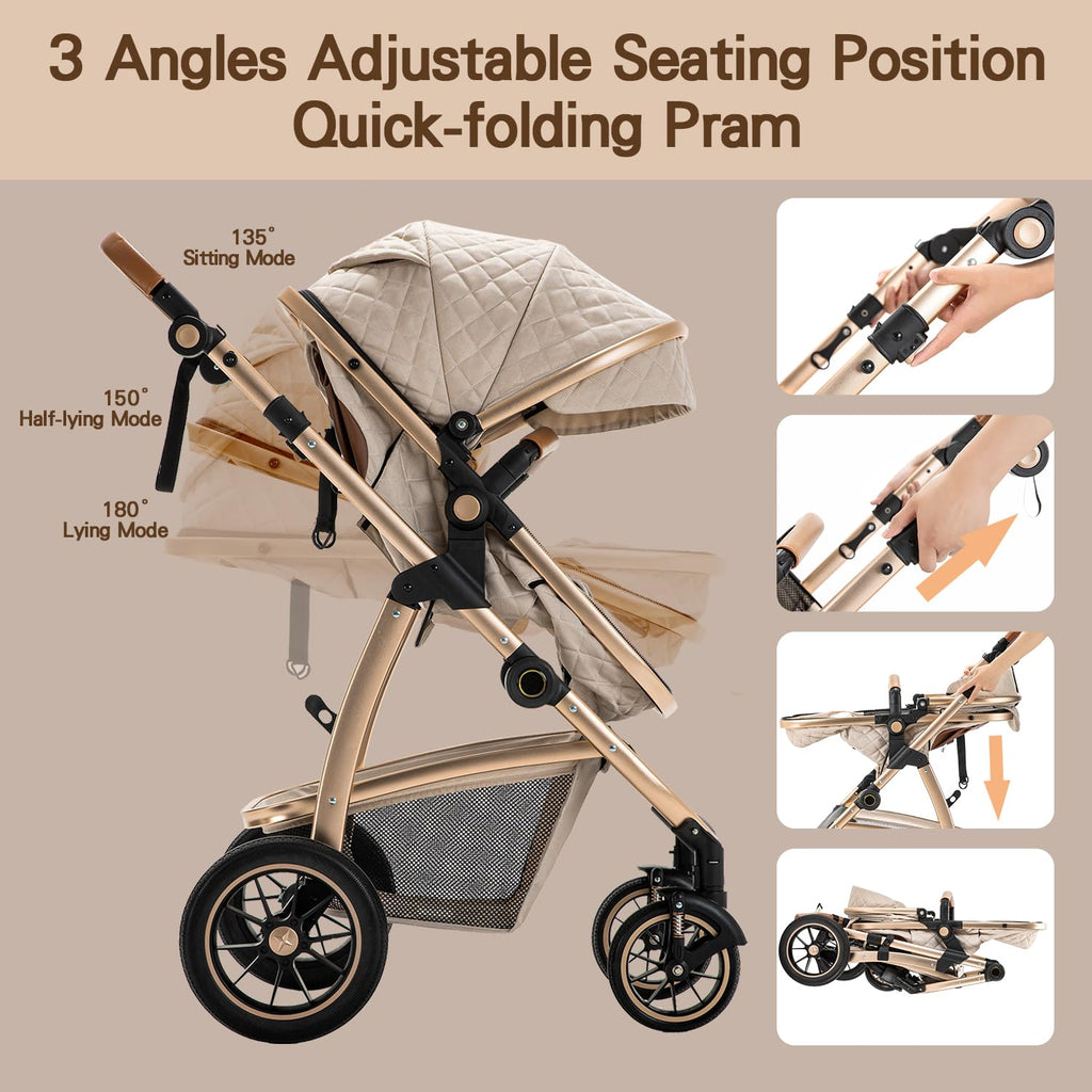 Gcarebb 3-in-1-Kinderwagen mit höhenverstellbarem Griff, mit Moskitonetz, mit Aluminiumrahmen, für Babys von 0 bis 4 Jahren