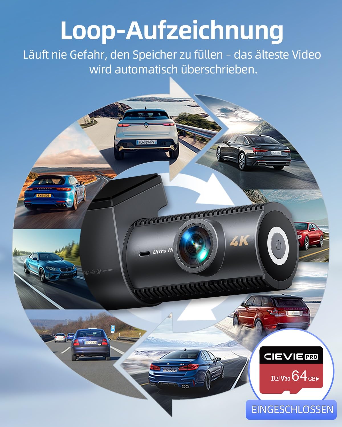 CIEVIE 4K+1080P Dashcam Auto Vorne Hinten mit 64GB SD Karte, 5GHz WiFi Dashcam mit 1,5″ IPS Display, 170° Weitwinkel, G-Sensor, WDR Nachtsicht, Loop-Aufnahme, APP Steuerung, Unterstützt 256 GB Max