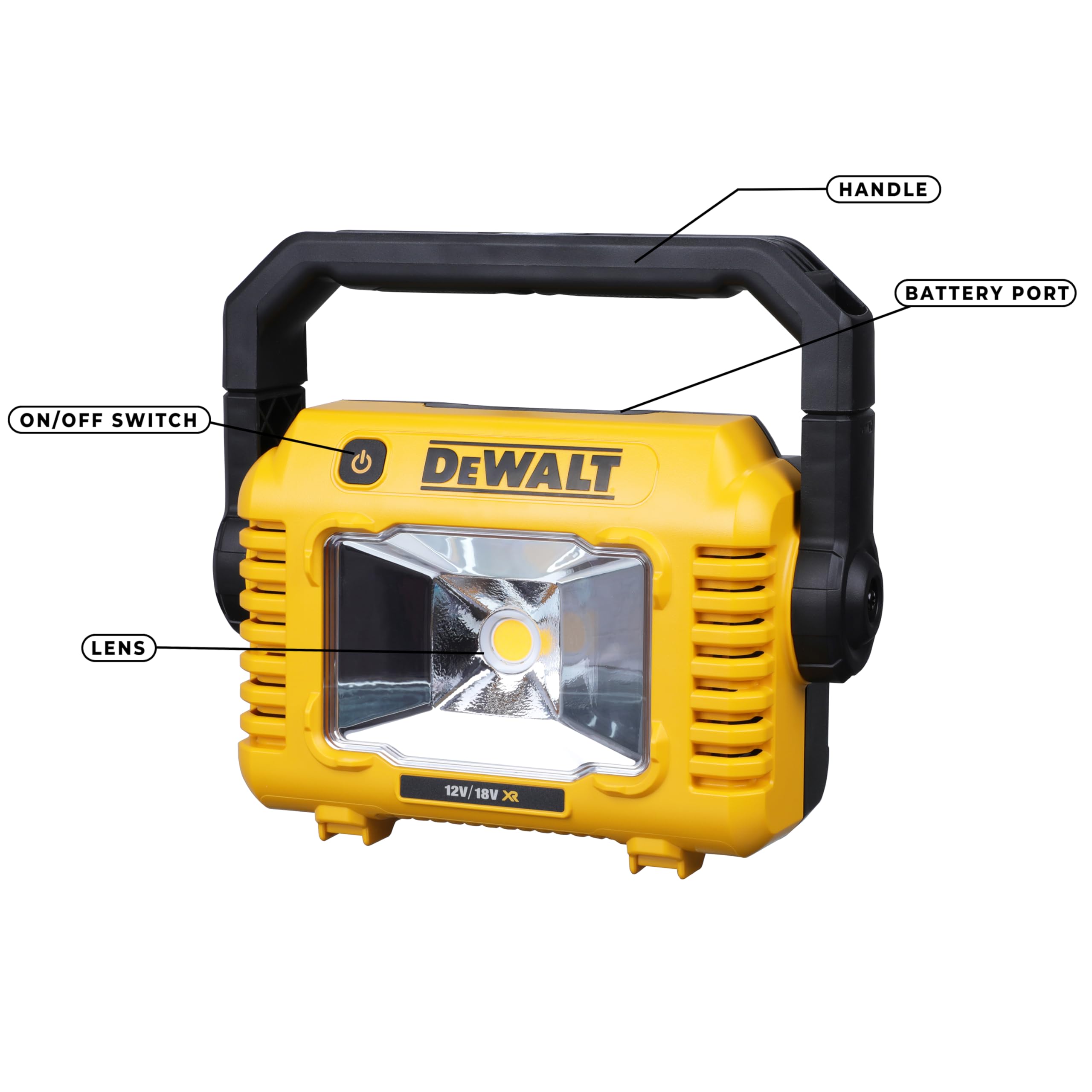 Dewalt LED Akku-Baustellenleuchte DCL077 (sehr hohe Lichtstärke von bis 2.000 Lumen, robuster Multi-Positionsgriff, IP54, mit Stativaufnahme 1/4" und 5/8", Lieferung ohne Akku und Ladegerät)