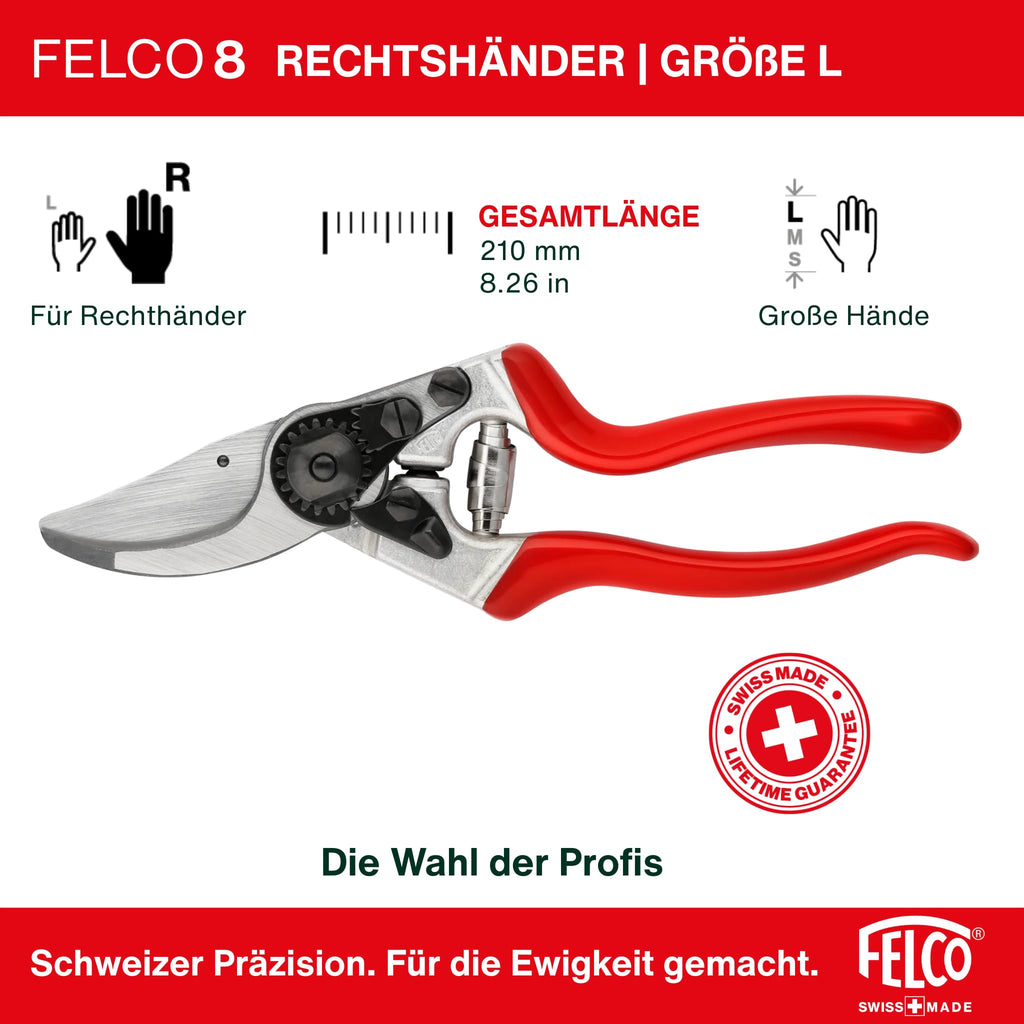 FELCO 8 Bypass-Gartenschere für Rechtshänder, ergonomisch für große Hände, 52 mm Stahlklinge, 25 mm Schnittdurchmesser, Stoßdämpfer, geschmiedete Aluminiumgriffe, abgewinkelter Schneidkopf, Swiss Made