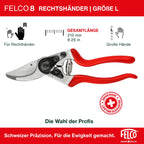 FELCO 8 Bypass-Gartenschere für Rechtshänder, ergonomisch für große Hände, 52 mm Stahlklinge, 25 mm Schnittdurchmesser, Stoßdämpfer, geschmiedete Aluminiumgriffe, abgewinkelter Schneidkopf, Swiss Made