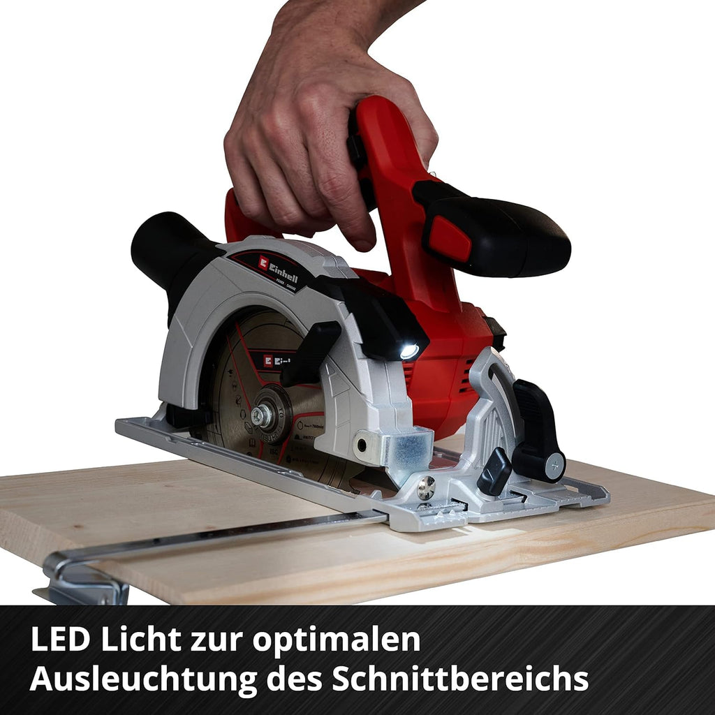 Einhell Akku-Handkreissäge TE-CS 18/150 Li-Solo Power X-Change (18 V, Li-Ion, Ø150 x Ø10 mm Sägeblatt, Schnitttiefe und Neigungswinkel werkzeuglos einstellbar, LEDs, ohne Akku und Ladegerät)