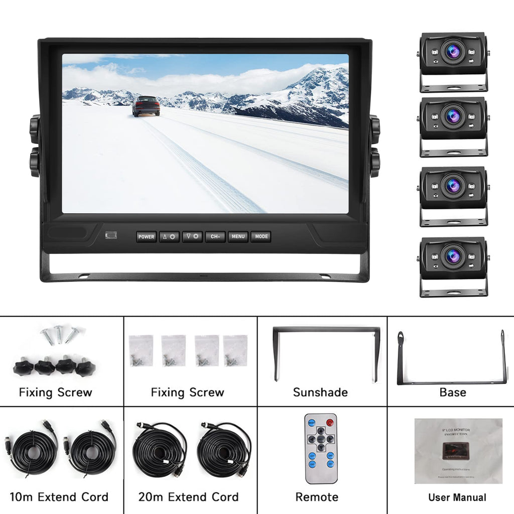 CAMECHO RV Rückfahrkamera Set 4 Kameras Set,Videoaufzeichnung 9 Zoll LCD Monitor DVR+4 Geteilte Rück und Vorder Kamera, Weitwinkel, IP68 wasserdicht, 18IR Nachtsicht, für LKW/Anhänger/Bus/Van 12V-35V