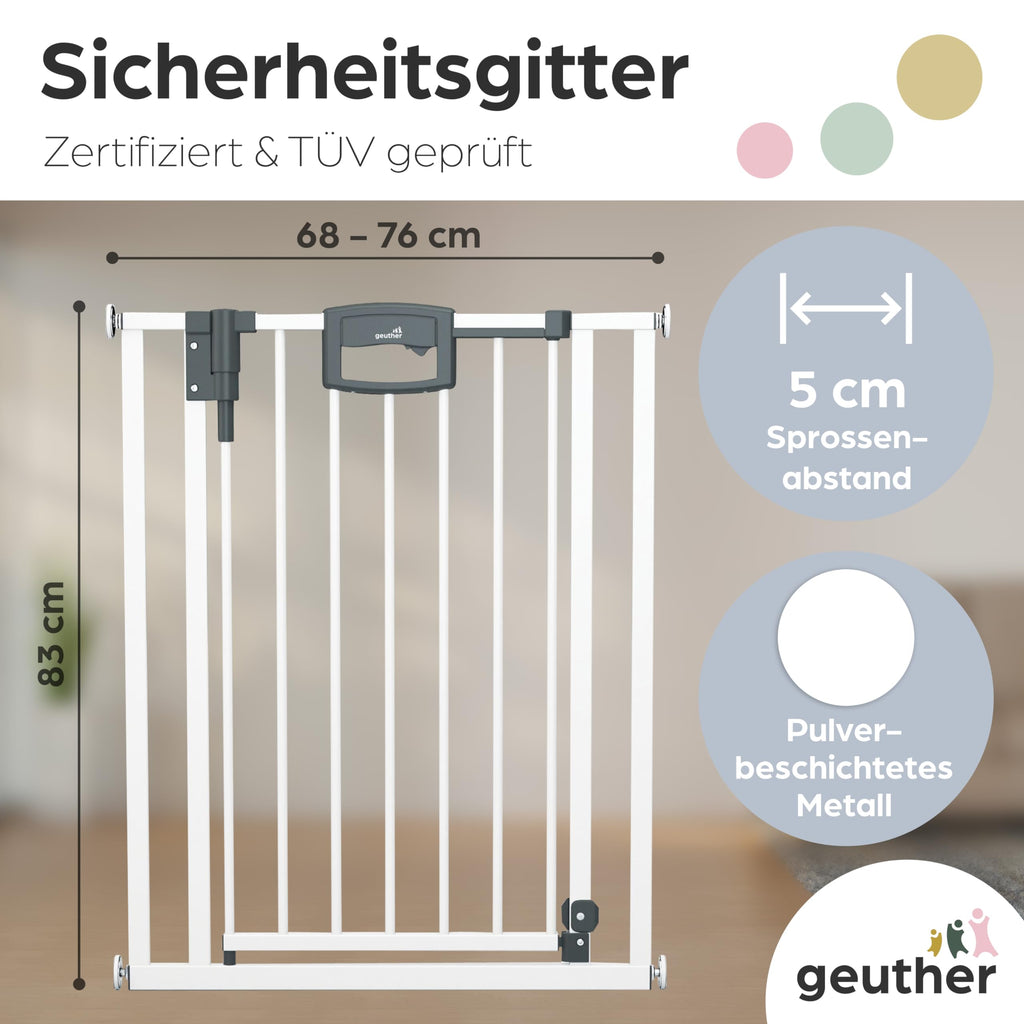 Geuther Türschutzgitter Easylock Plus | Treppenschutzgitter ohne Bohren Breite 68-76 cm | Türgitter Baby Holz-Metall | Kinderschutzgitter beidseitig öffnend | Kindersicherung Tür | Weiß