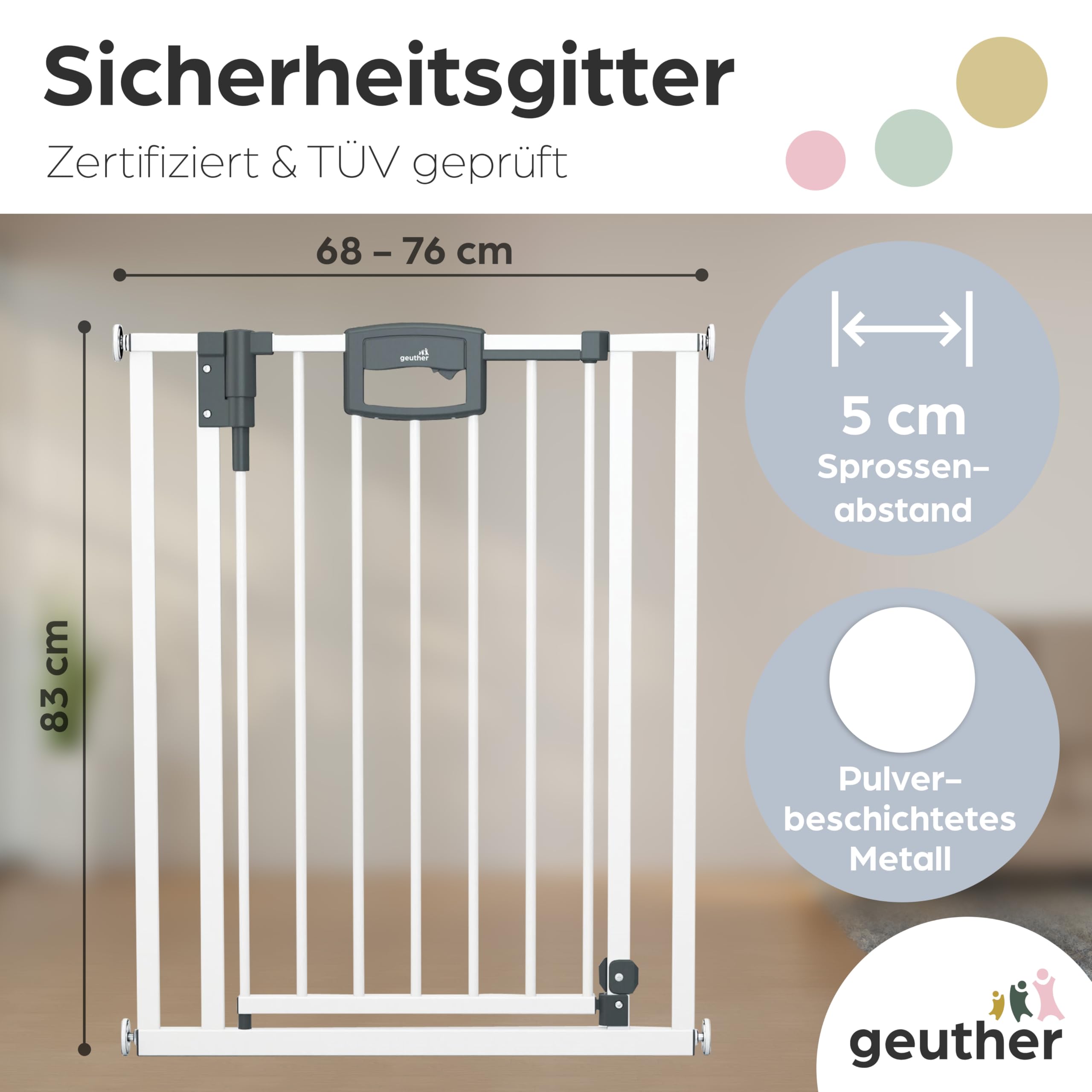 Geuther Türschutzgitter Easylock Plus | Treppenschutzgitter ohne Bohren Breite 68-76 cm | Türgitter Baby Holz-Metall | Kinderschutzgitter beidseitig öffnend | Kindersicherung Tür | Weiß
