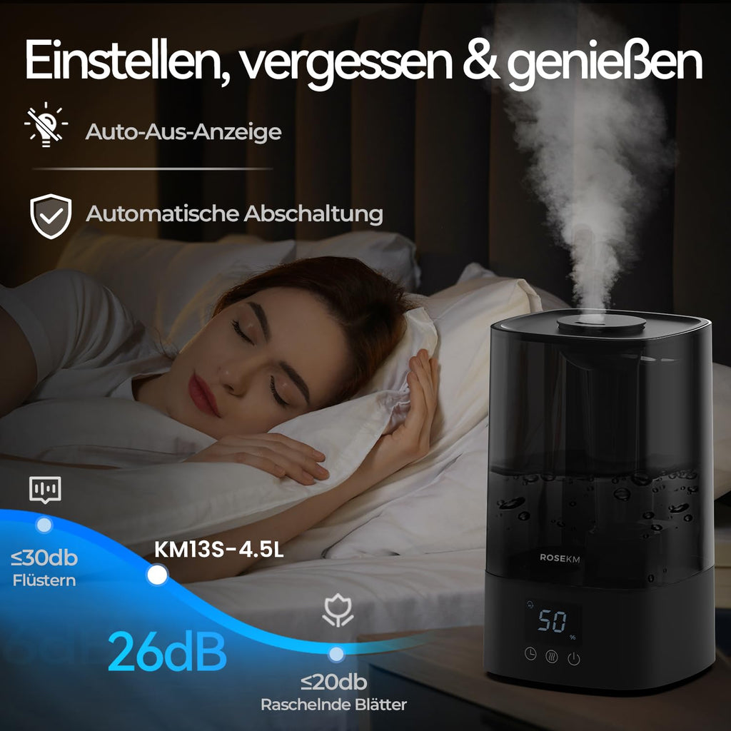 Rosekm Automatischer Luftbefeuchter für Schlafzimmer & große Räume, 4,5L Kaltnebel-Befeuchter mit Timer & Feuchtigkeitssensor, bis zu 18H Laufzeit, Auto-Abschaltung, 360°-Düse (Schwarz)