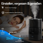 Rosekm Automatischer Luftbefeuchter für Schlafzimmer & große Räume, 4,5L Kaltnebel-Befeuchter mit Timer & Feuchtigkeitssensor, bis zu 18H Laufzeit, Auto-Abschaltung, 360°-Düse (Schwarz)