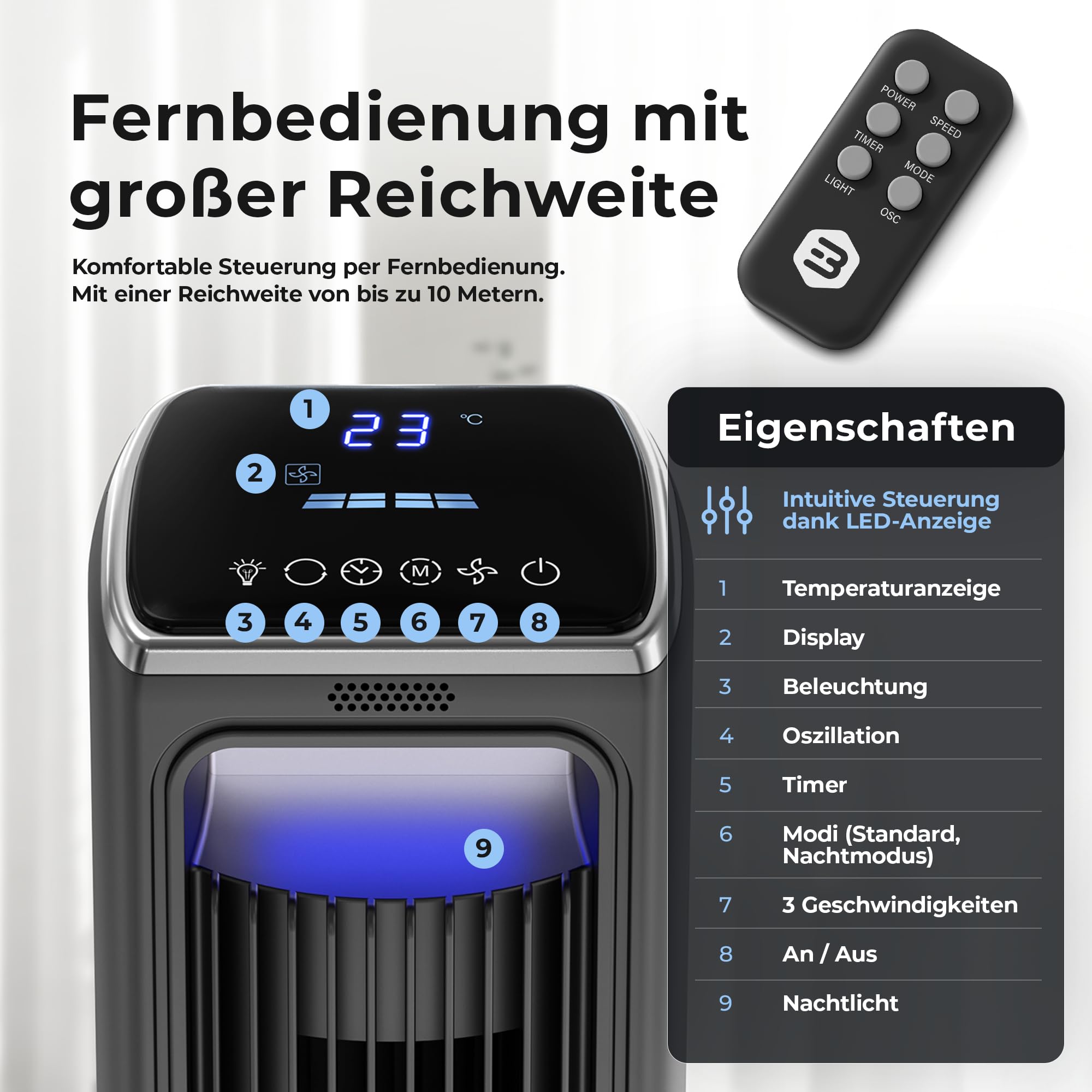 Balter Turmventilator mit Fernbedienung, Ventilator leise 106 cm, Standventilator mit Oszilation, mobiler Luftkühler, 3 Geschwindigkeiten, 3 Modi – Timer bis 15 Std