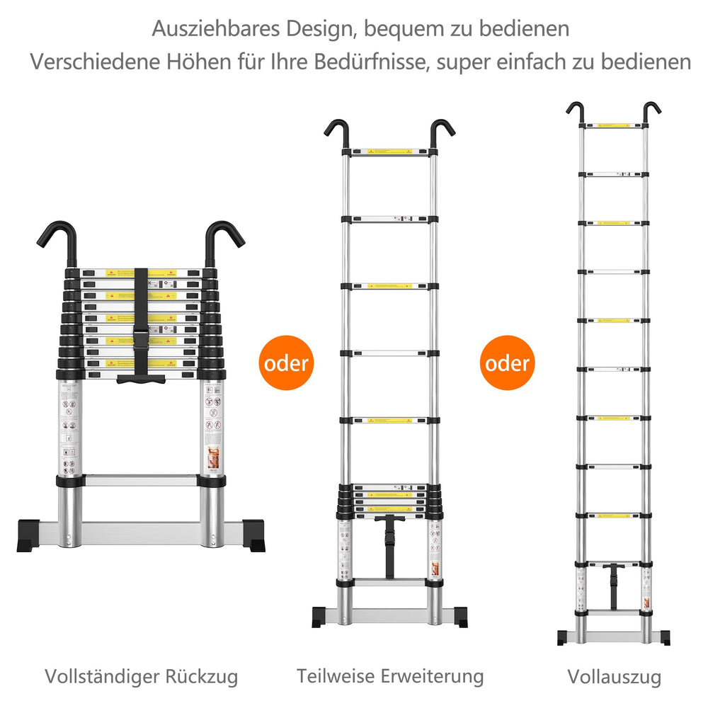 gymount Aluminium Teleskopleiter 3,8 m, Leiter Ausziehbar mit Stabilisator und Abnehmbaren Haken, Klappleiter, Mehrzweckleiter, Stehleiter, Haushaltsleiter, Außenleiter, 150 kg Belastbarkeit
