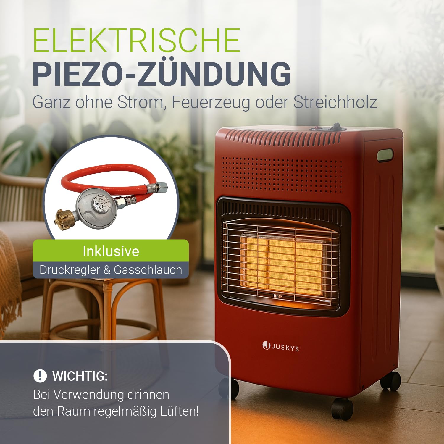 Juskys® Keramik Gasheizung GS42US in Rot - 4200 W mit Druckregler & Schlauch - Mobil, effizient & energiesparend - Gasheizer Gasheizofen Gasheizgerät