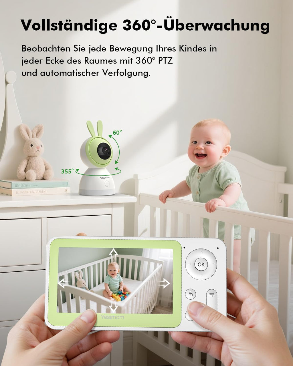 YESIMOM Babyphone mit Kamera 1080P HD PTZ 360°, 4.3" WLAN Baby Monitor mit App, IR Nachtsicht, 4X Zoom, Video Babyfon mit Bewegungs-/Geräuscherkennung, 2-Wege-Audio, Auto-Tracking, Bereichsalarme