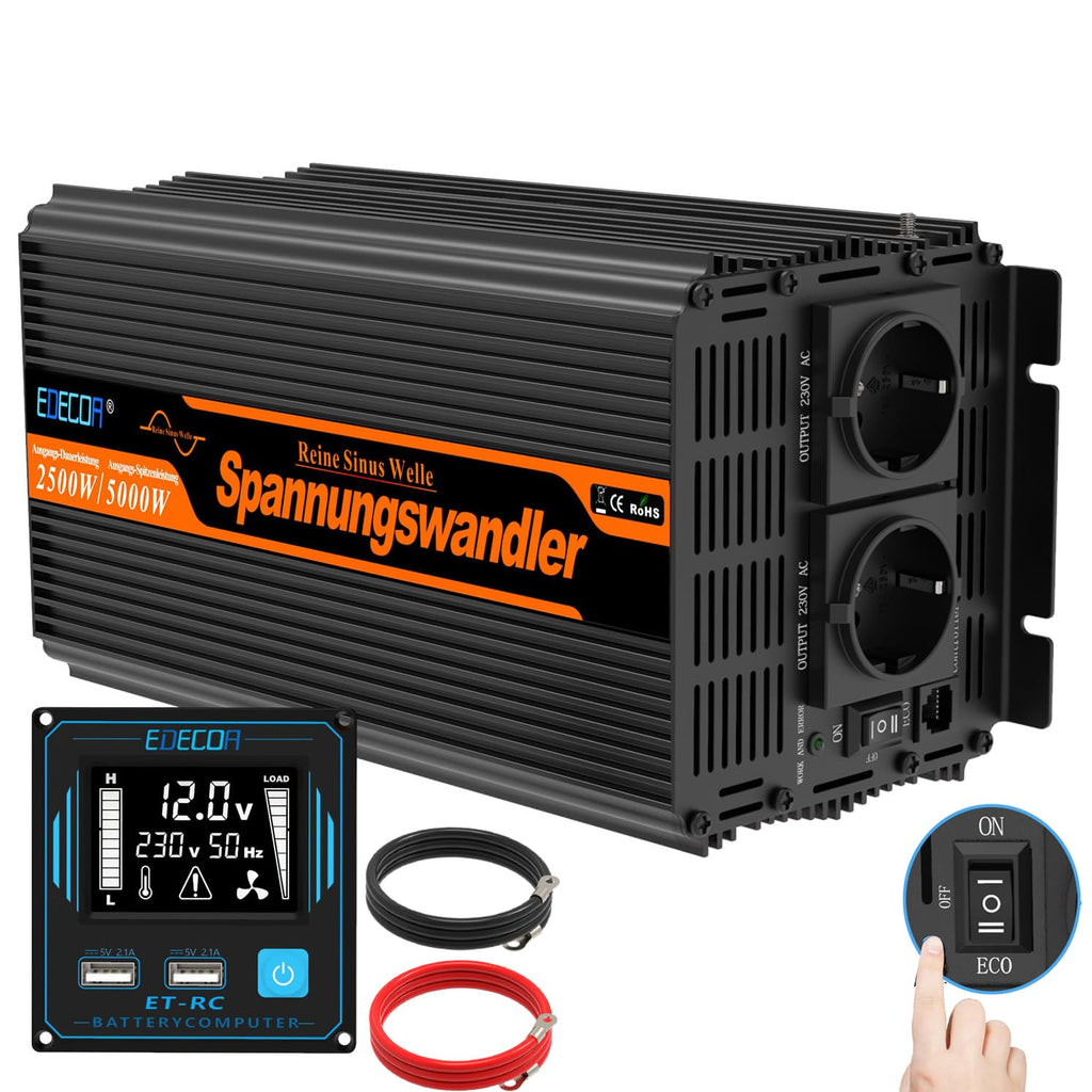 EDECOA Wechselrichter 2500w Reiner Sinus Spannungswandler 12v 230v LCD 2X USB und Fernbedienung wandler 2500w und kurzfristige Spitze 5000w Inverter