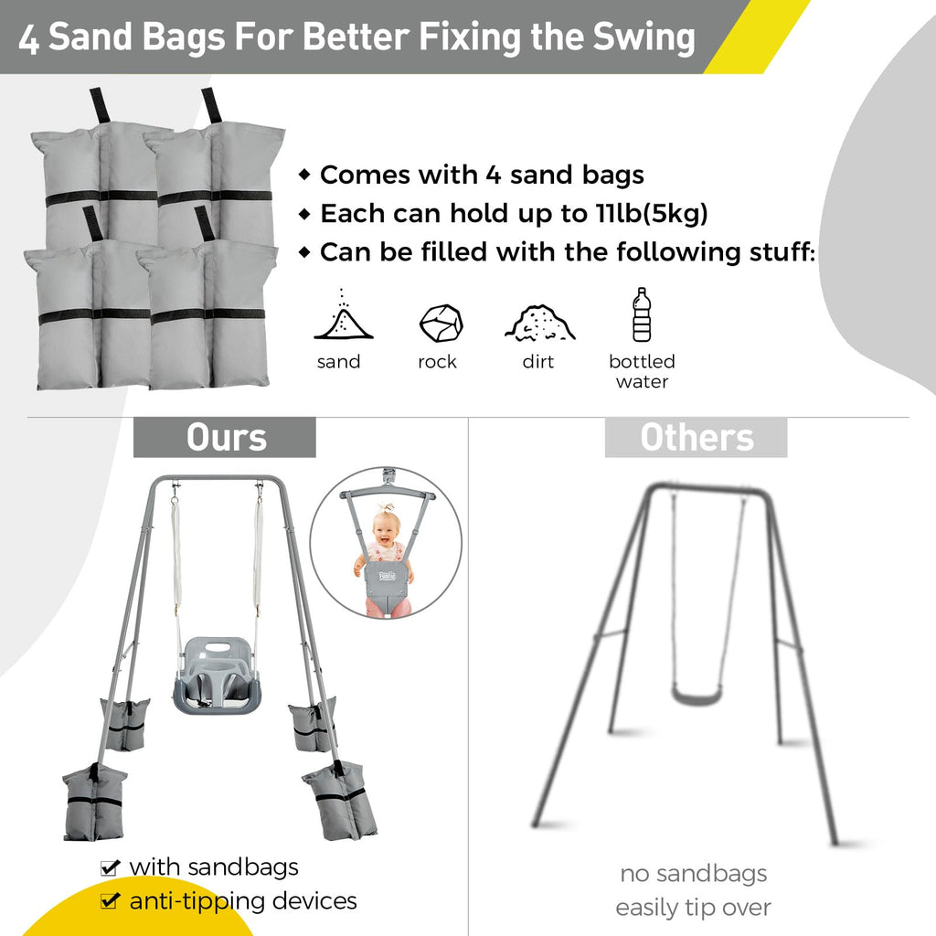FUNLIO 2-in-1 Schaukeln Set und Baby Türhopser für Kleinkinder, Schaukelset für Kinder mit 4 Sandsäcken, Faltbarer Metallständer für drinnen und draußen, einfach zu montieren und aufzubewahren - Grau