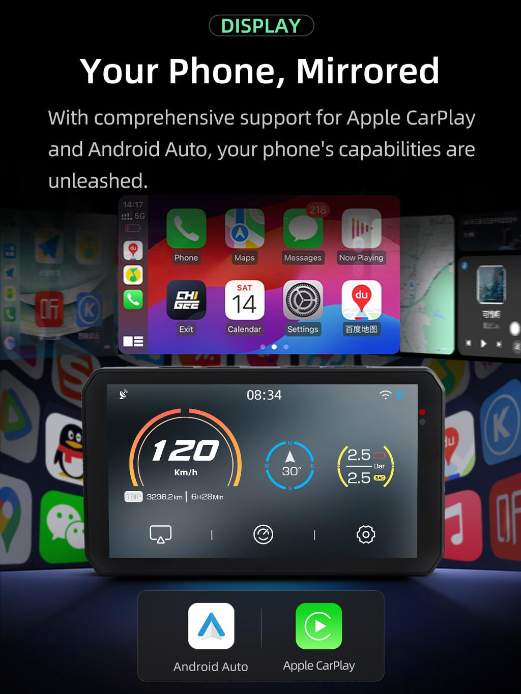 AIO-5Play Motorcycle Carplay Android Auto GPS Navigation System, 5" IPS LCD 60FPS, 5G Wi-Fi BT, IP68 Waterproof, Support Siri Google Assistant, Dedicated App