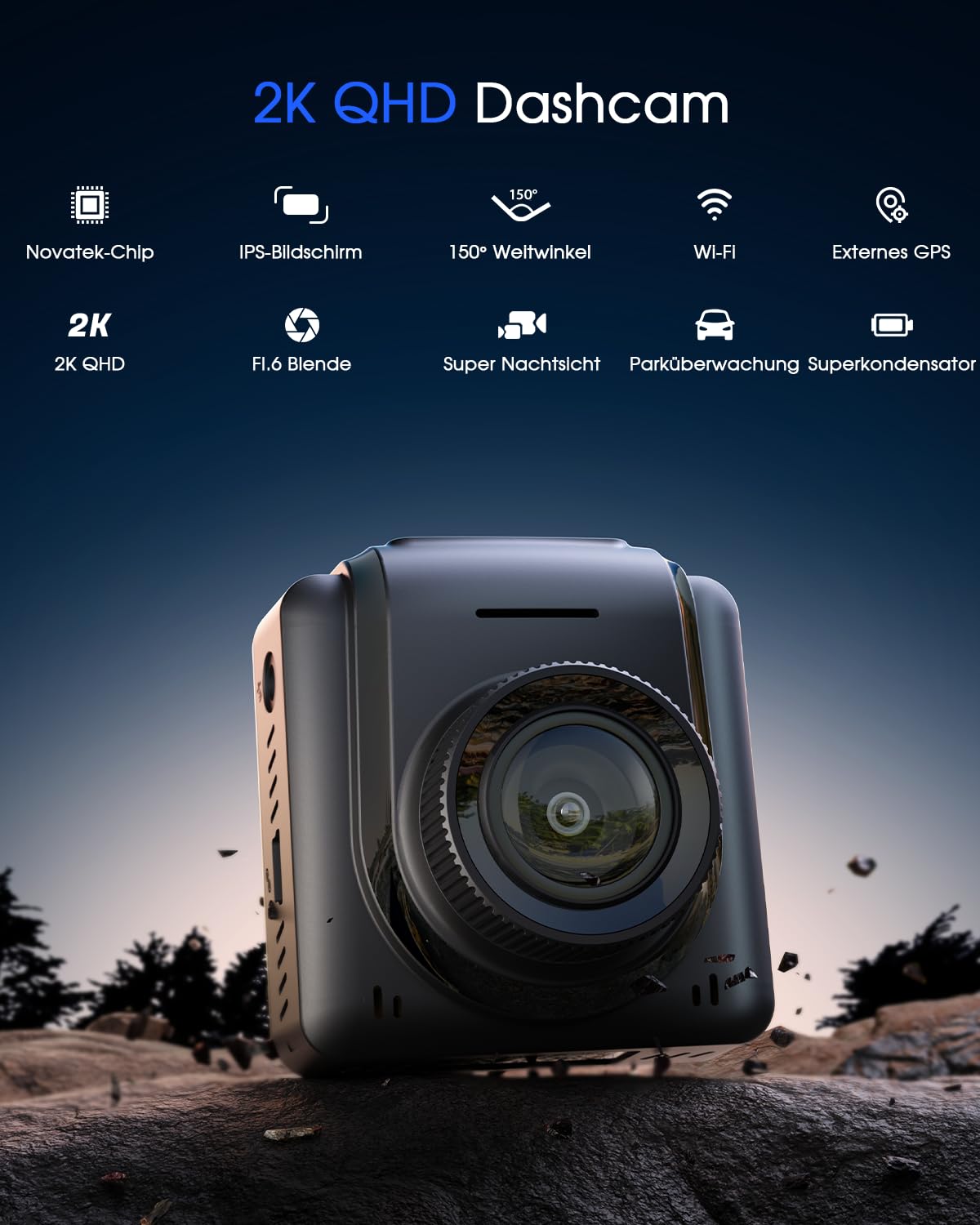 Avylet Dashcam Auto WiFi 2K, Mini Vorne Autokamera Unterstützt externes GPS-Modul, 1.5" IPS-Bildschirm, APP, Ultra Nachtsicht & 150° Weitwinkel, WDR, 24/7 Parkmodus mit Bewegungserkennung, G-Sensor
