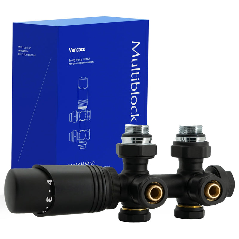 VANCOCO Multiblock mit Thermostat für Heizkörper 50mm Nabenabstand, Hahnblock, Ventil-Armaturen Set in Eck- und Durchgangsform mit Eurokonus für Ø16×2 mm Kunststoff- und Ø15mm Kupferrohre (Schwarz)
